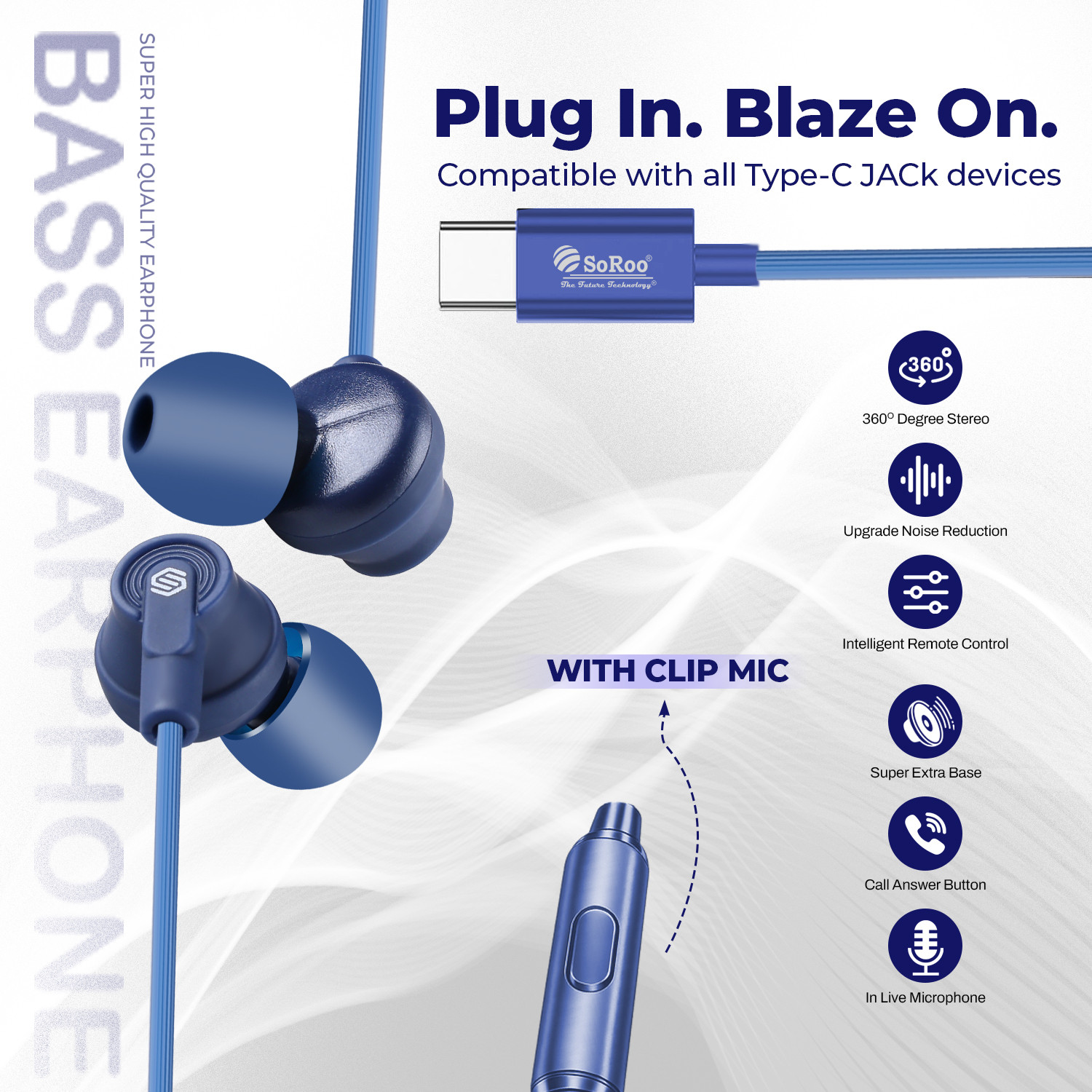 Image of Soroo Future Type-C Wired Earphones with HD Sound, In-Line Mic & Tangle-Free Magnetic Earbud Wired