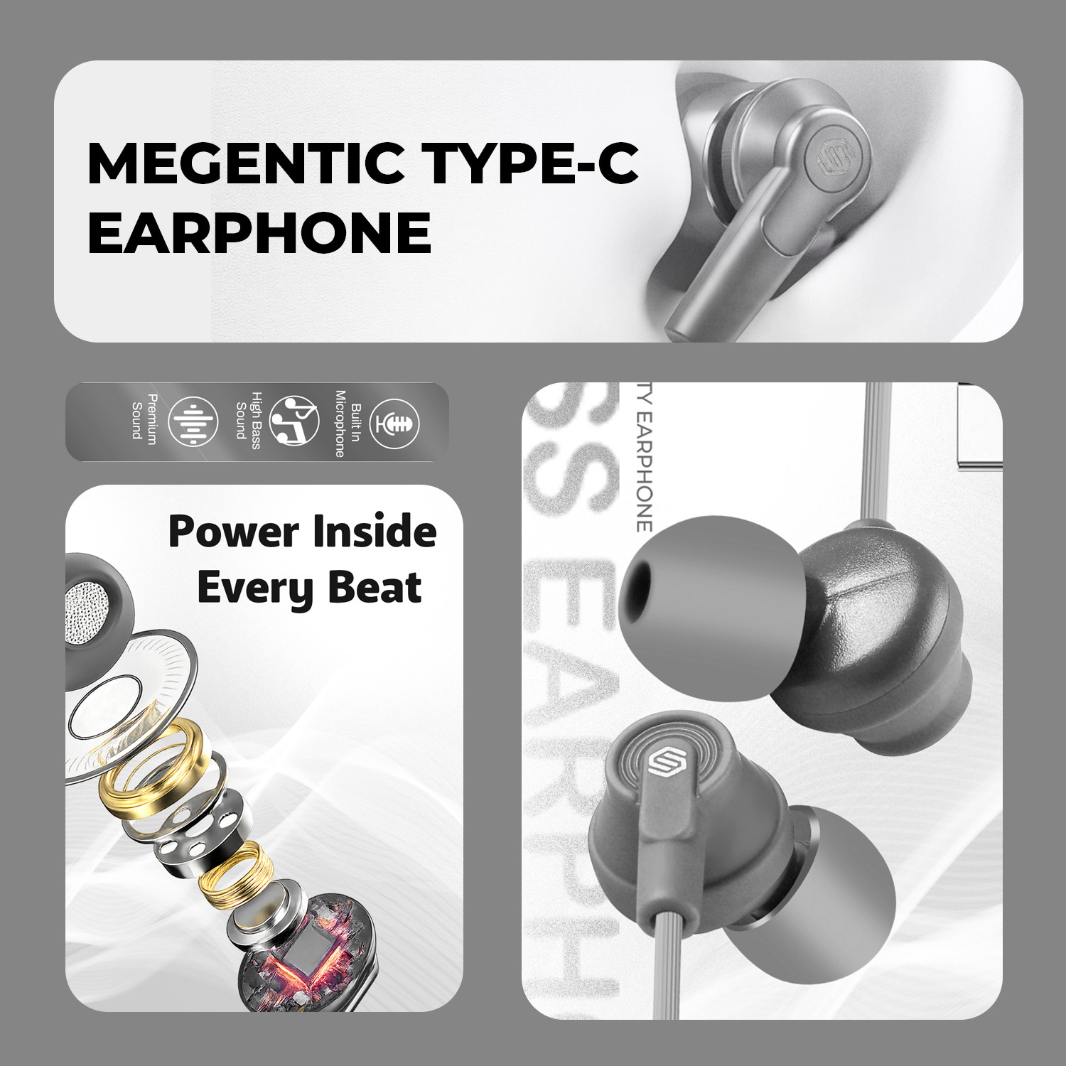 Image of Soroo Future Type-C Wired Earphones with HD Sound, In-Line Mic & Tangle-Free Magnetic Earbud Wired
