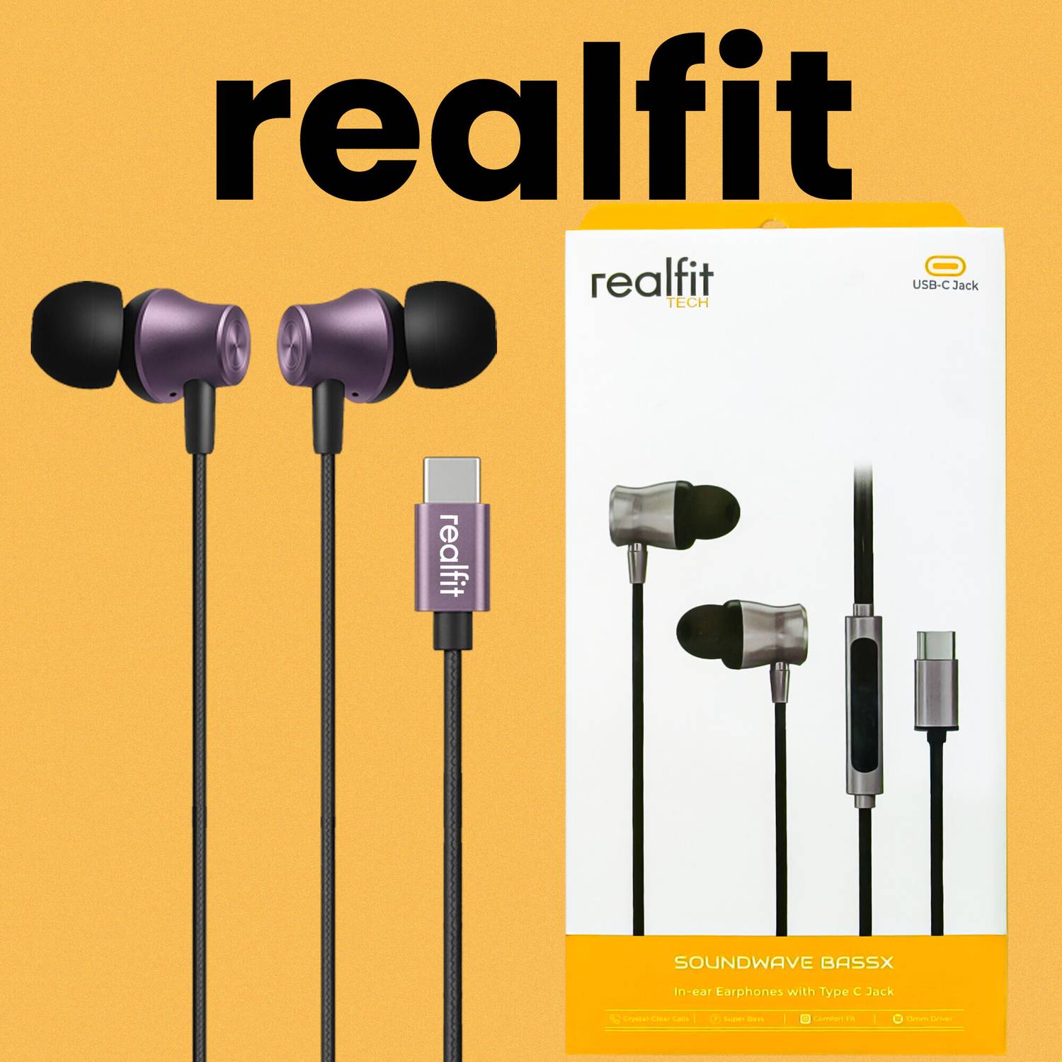 REALFIT Wired Type-C Headphones Deep Bass HD Calling Mic Flat C