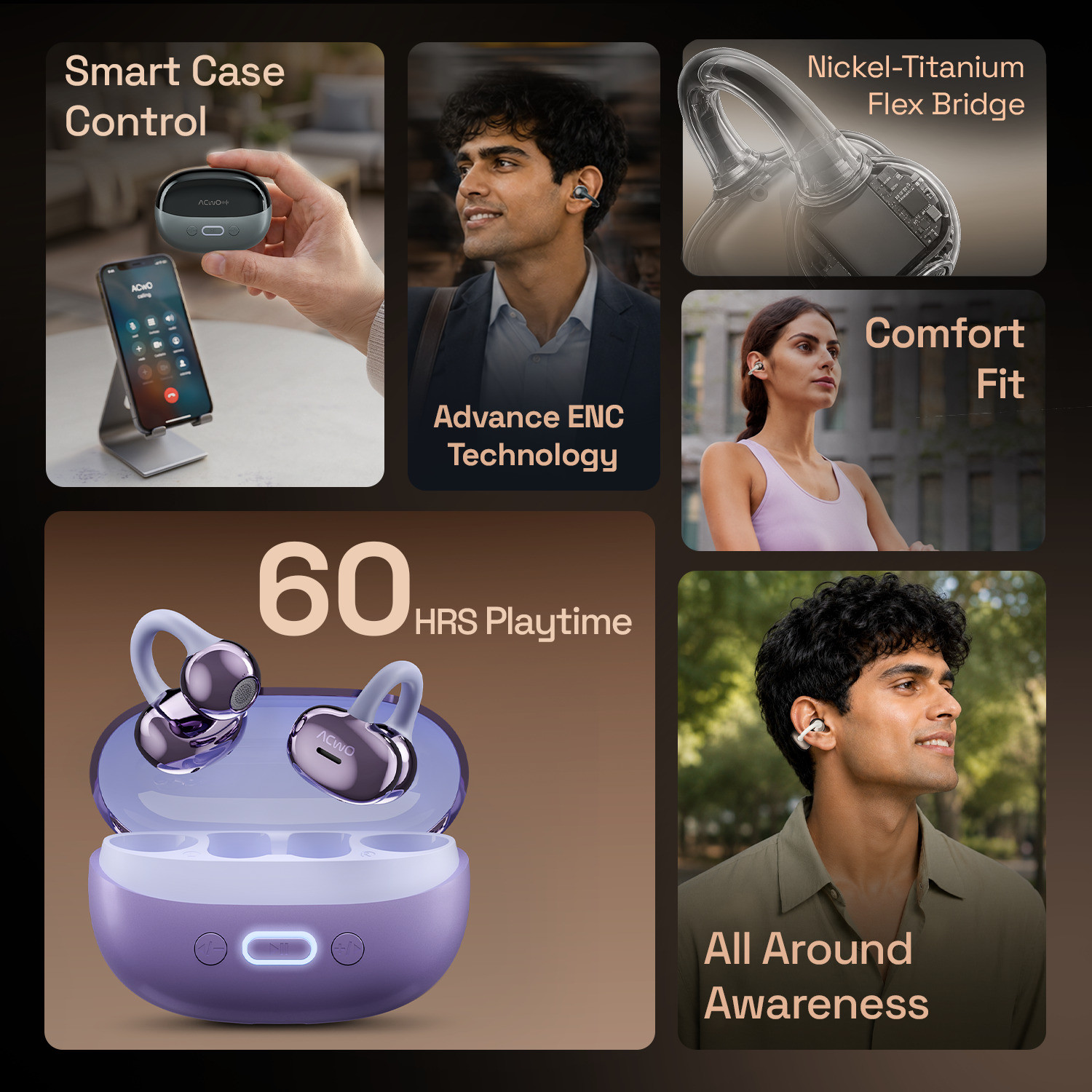 Image of ACwO DwOTS Flow 2 Open Ear Wireless Earbuds, 60H Playtime, AI ENC, Dual Connectivity Bluetooth