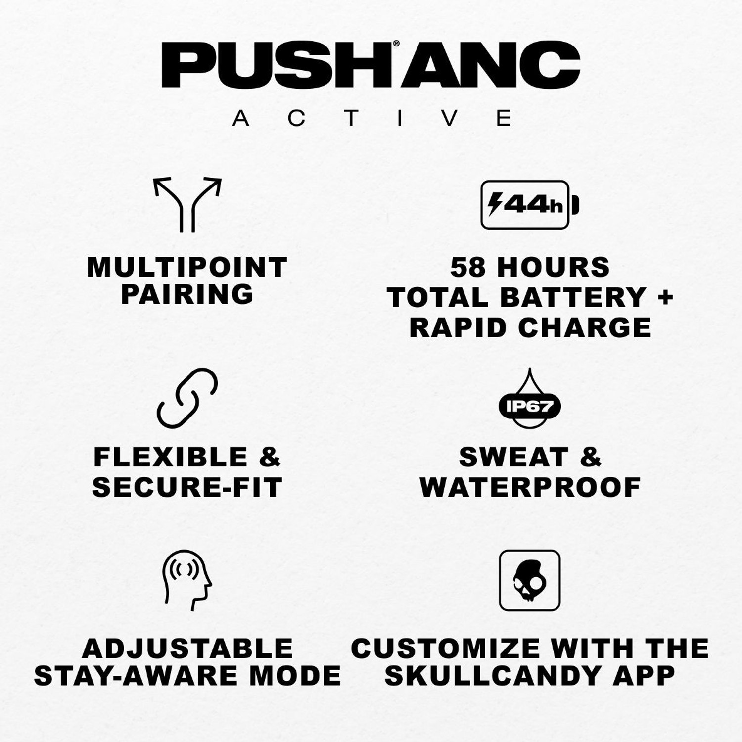 Image of Skullcandy Push ANC Active Wireless Earbuds,58 Hr Battery,IP67 Waterproof,Wireless Charging Bluetooth