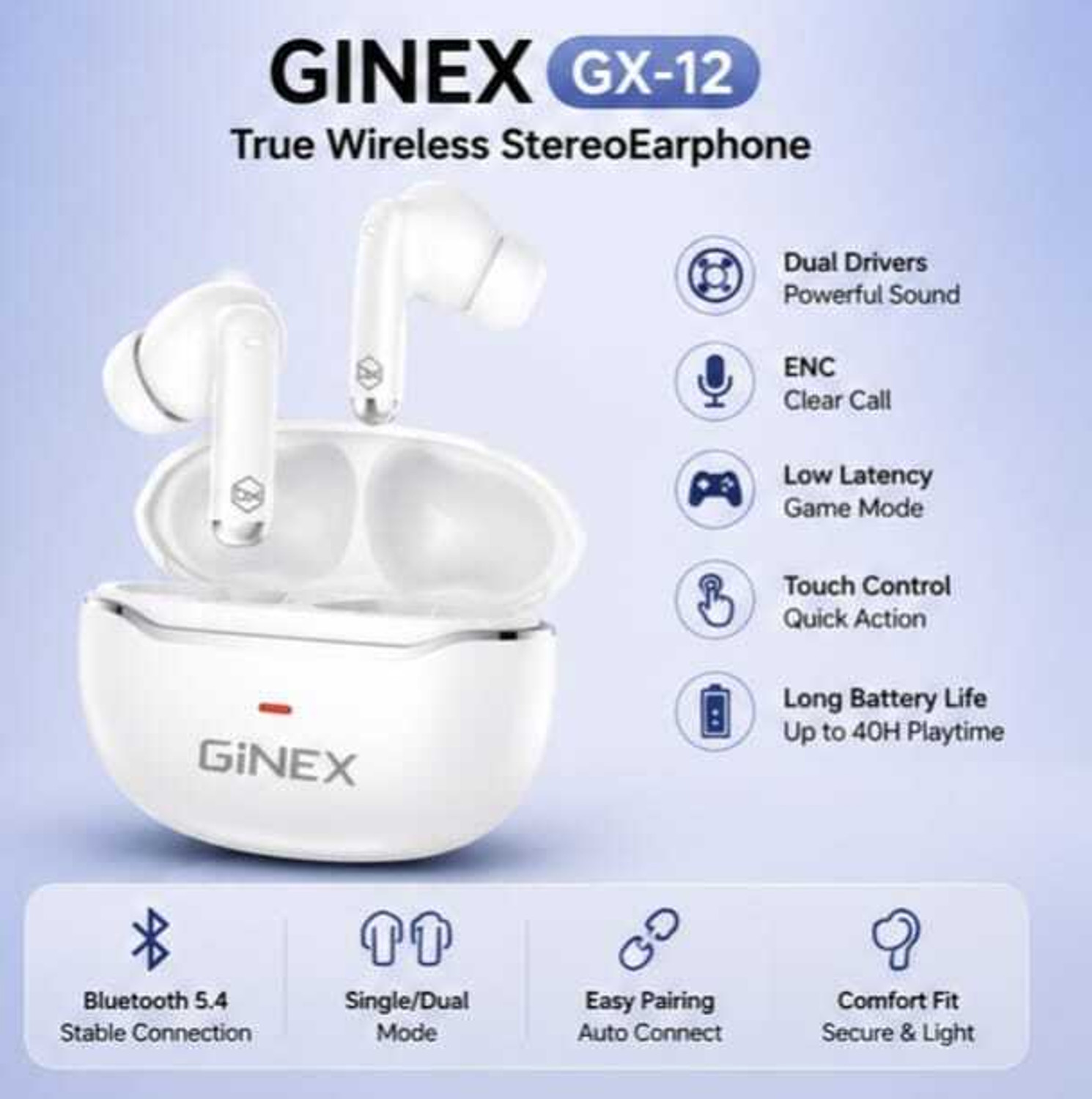 Image of GINEX GX - 12 Bluetooth Headset (White, True Wireless)