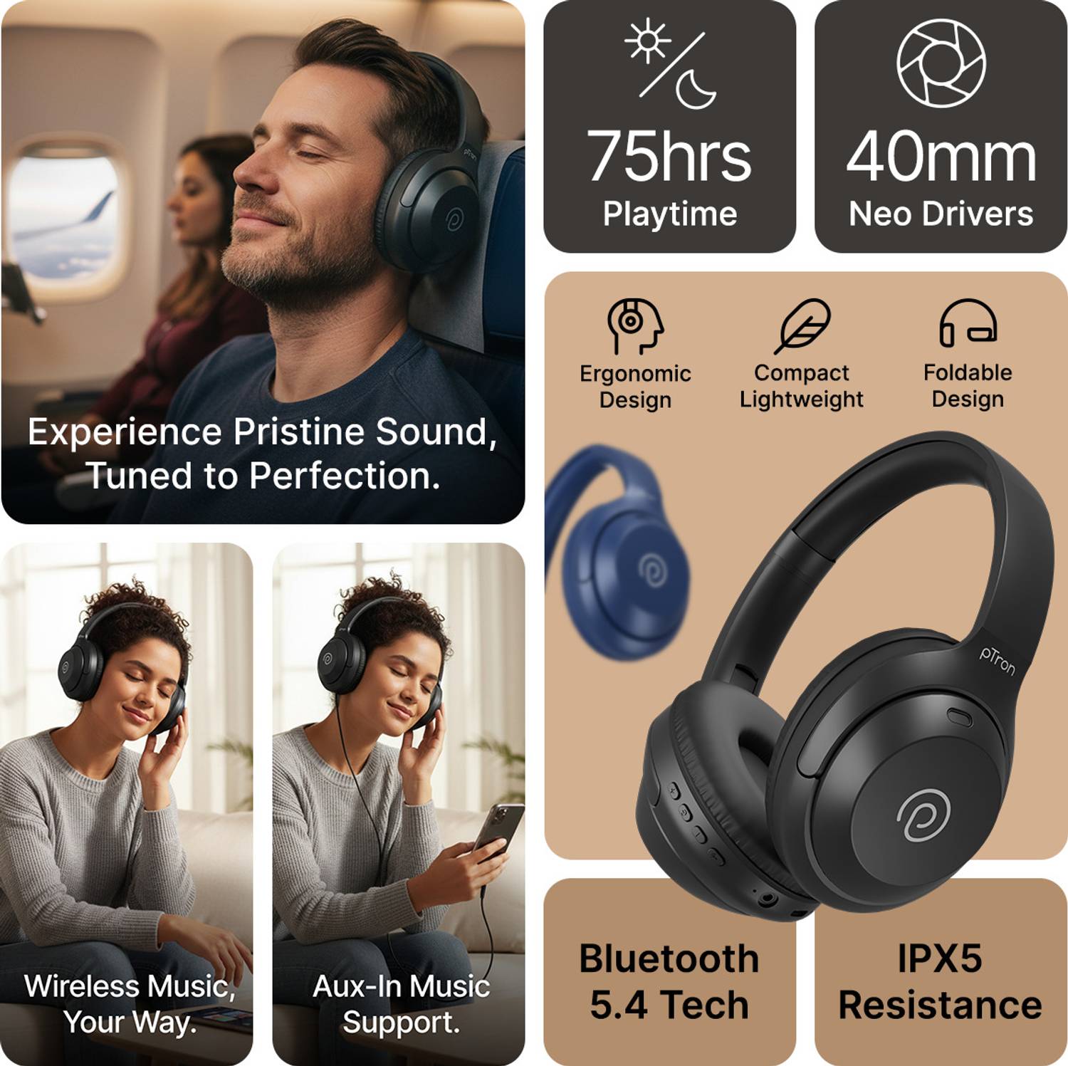 PTron Studio Classic Bluetooth Headphones - Image 2