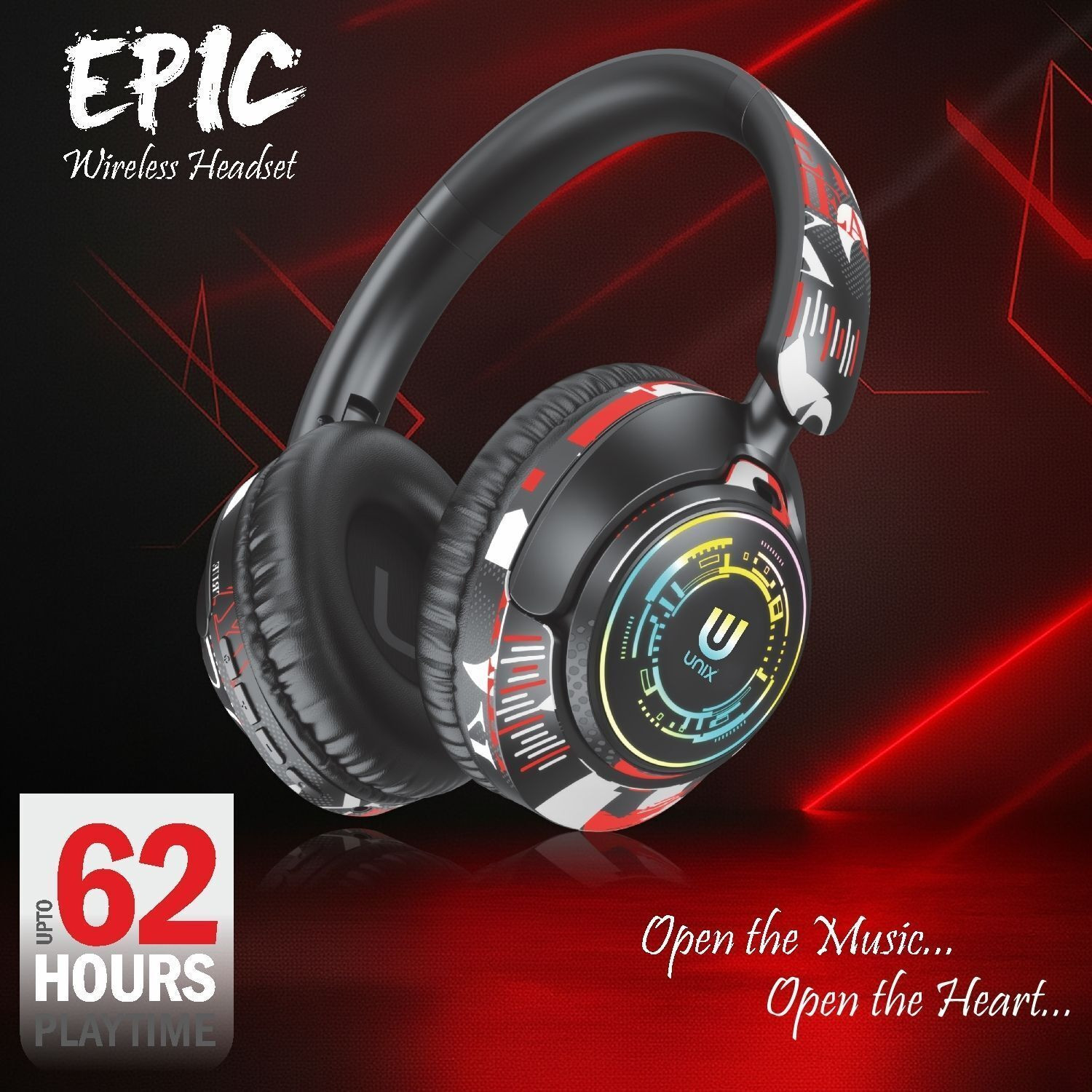 Image of Unix Epic Graffit Wireless Over Ear Headphones Upto 62 Hours Playback, 40MM Drivers Bluetooth & Wired