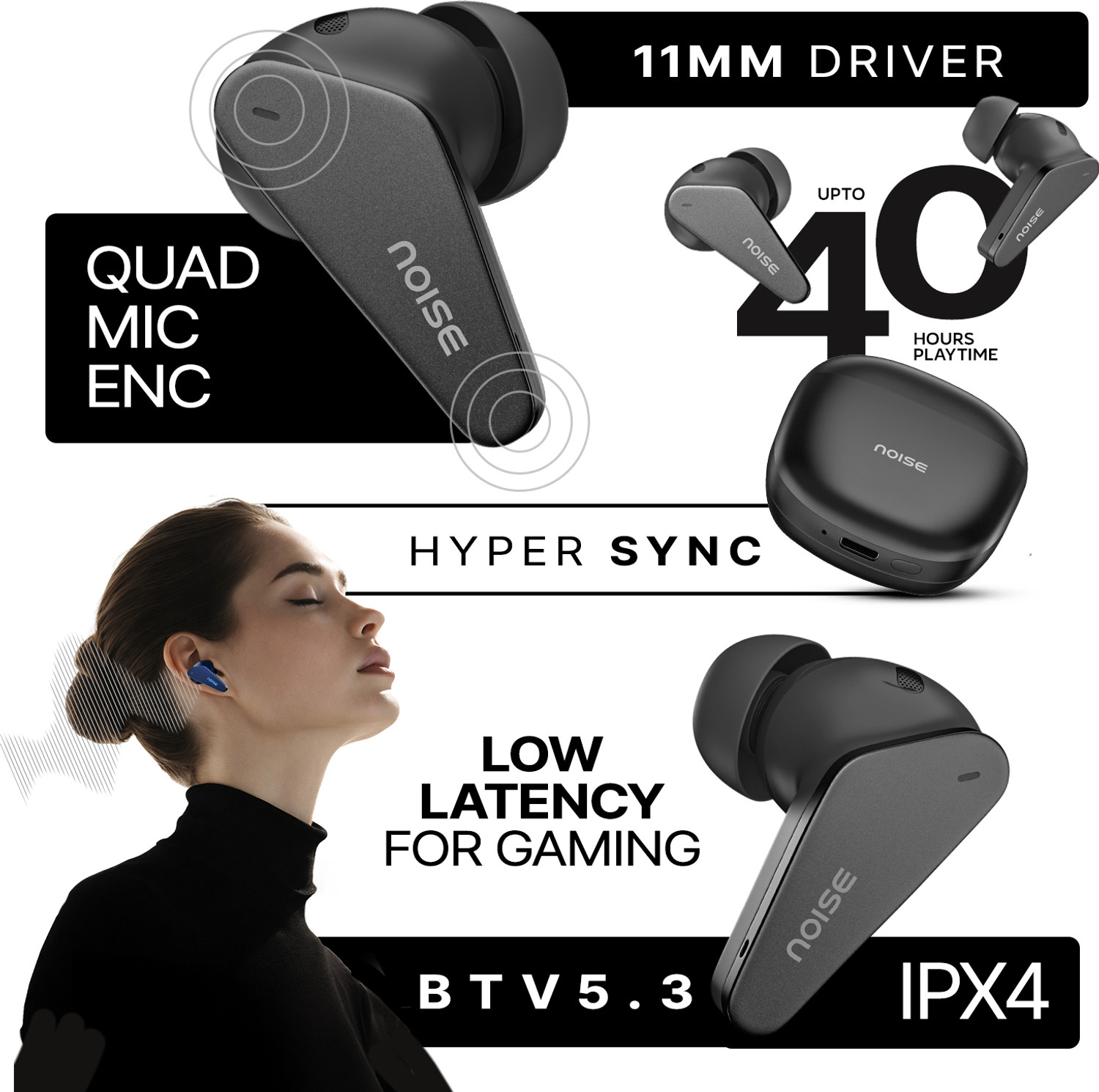 Image of Noise Buds Vector with Hi-Res, LDAC, Quad Mic ENC,Instacharge, BTv5.3 with HyperSync Bluetooth