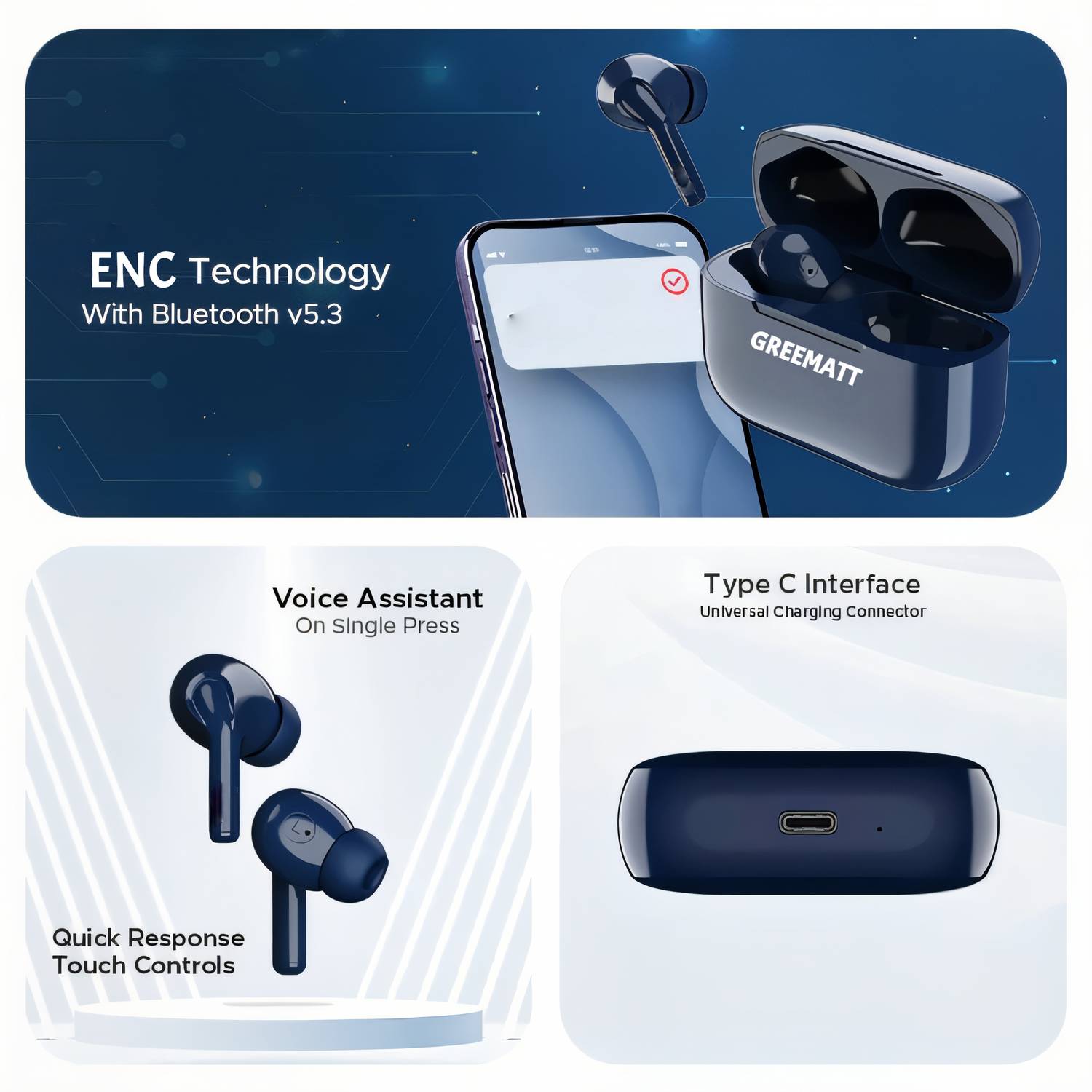 GREE MATT earbuds with 40 Hrs Playtime, 11mm Driver, IPX5 and Unique Design N43 Bluetooth