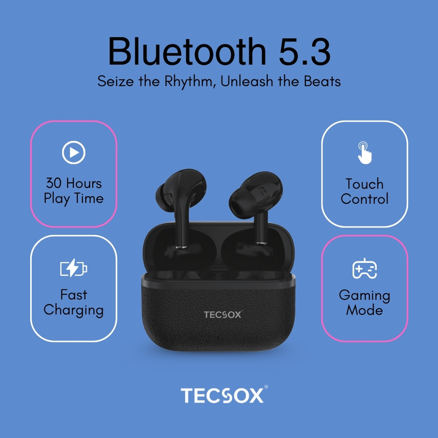 Image of TecSox Moon True Wireless Earbuds Deep Bass, Bluetooth 5.3 & IPX4 Bluetooth
