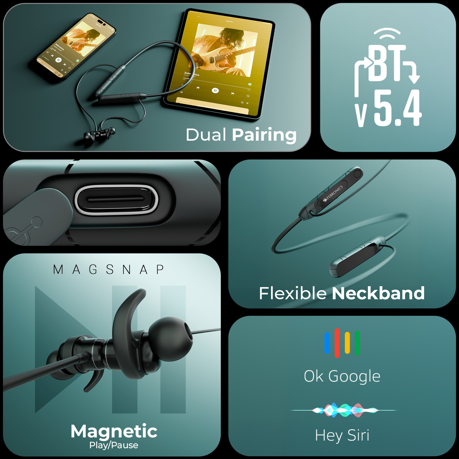 Image of ZEBRONICS Raga F2 Neckband with 22H Playback, Magsnap (Magnetic Play|Pause),Rapid Charging Bluetooth