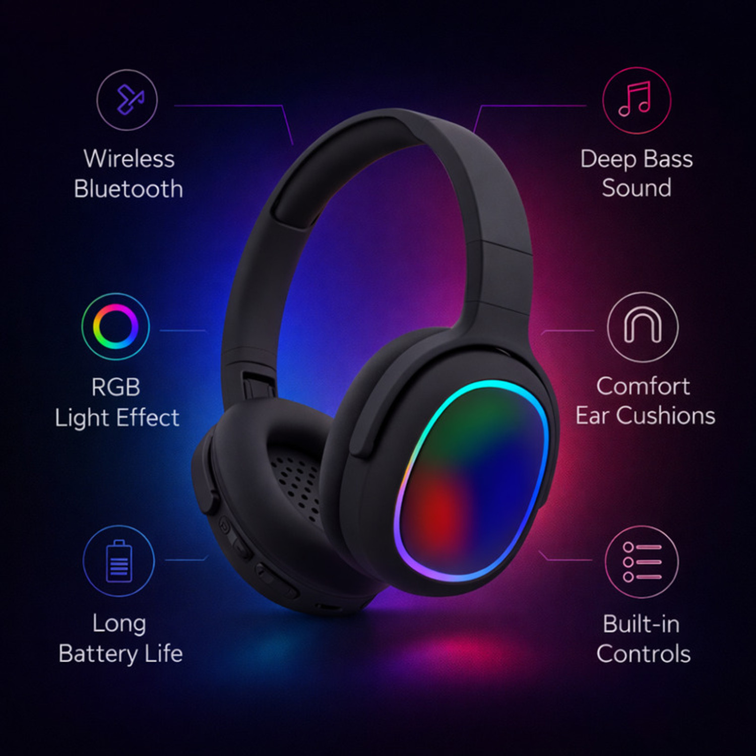 Image of Elevea Premium RGB LED Light Wireless Bluetooth Gaming Headphone - 15 Years Warranty Bluetooth