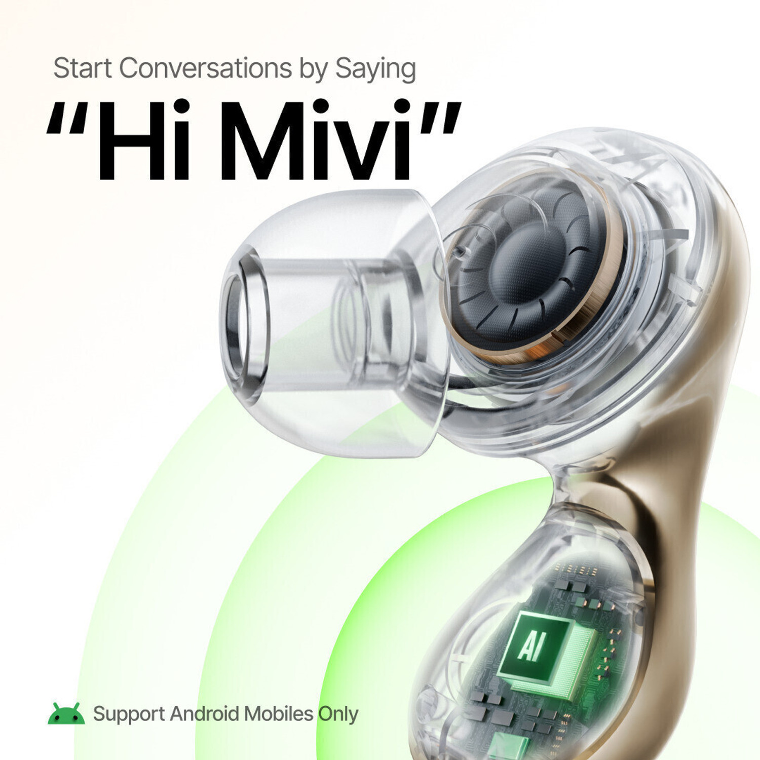 Image of Mivi AI-Buds (Breakthrough Launch), World's 1st Human-like AI, Android Only Bluetooth Headset (Champagne, In the Ear)