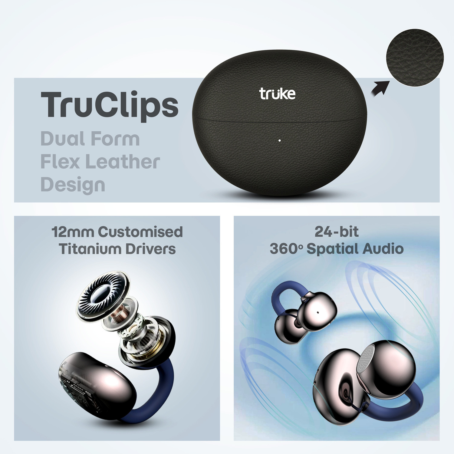 Image of truke Truclips OWS Earbuds, 12mm Customized Drivers, 360 Spatial Audio, Quad Mic ENC, Bluetooth