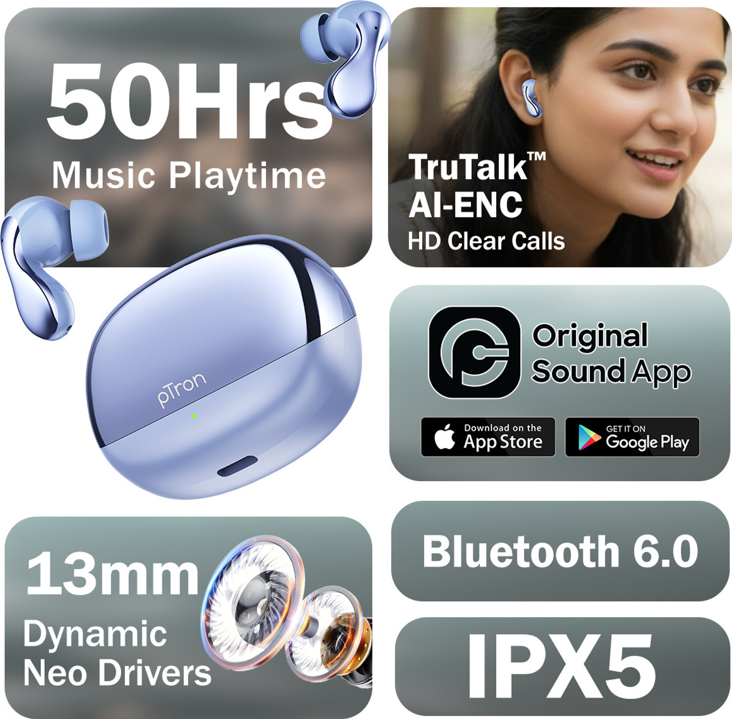 Image of PTron Bassbuds Tango w / 50Hrs Playtime, AI-ENC Calls, Custom EQ, App Support, BTv6.0 Bluetooth