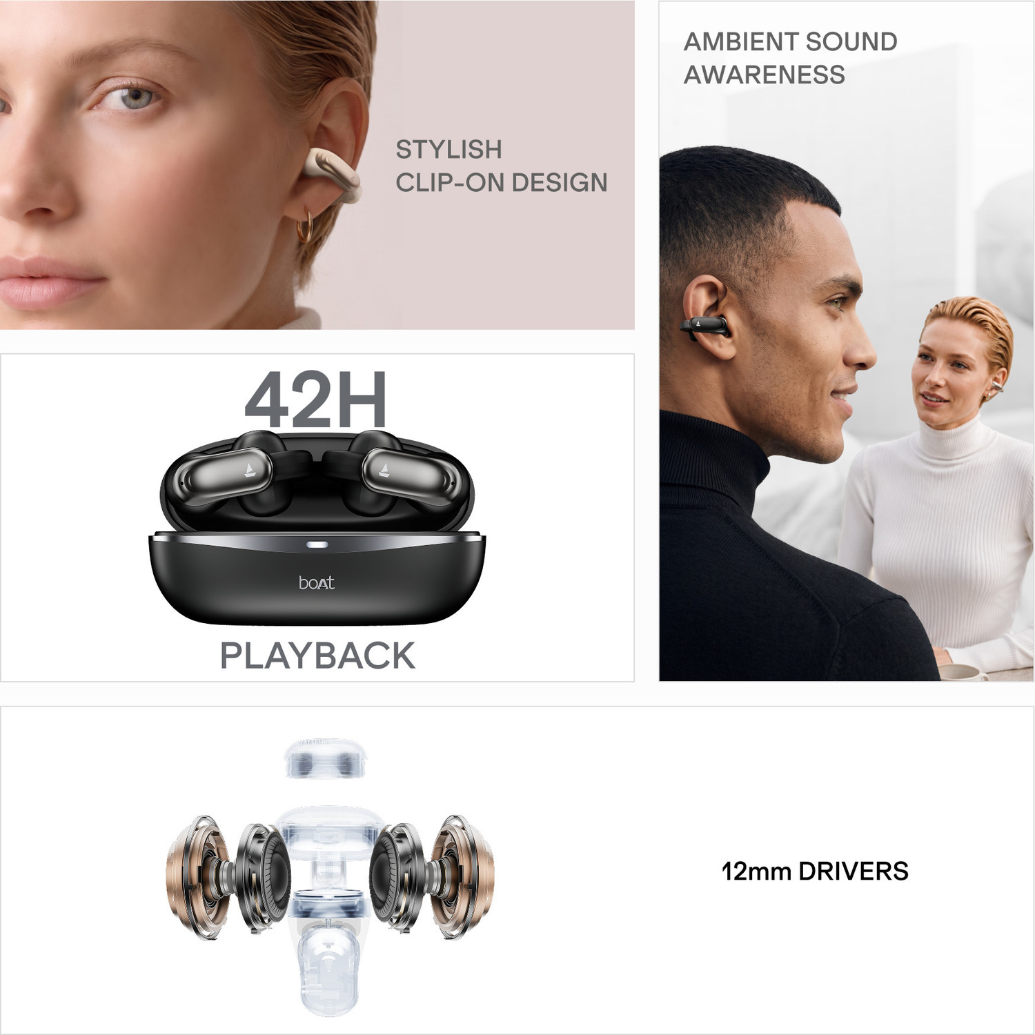 Image of boAt Airdopes Clip OWS Earbuds,Clip-On Fit,Air-Conduction Tech,42H Battery,ENx,BTv6.0 Bluetooth