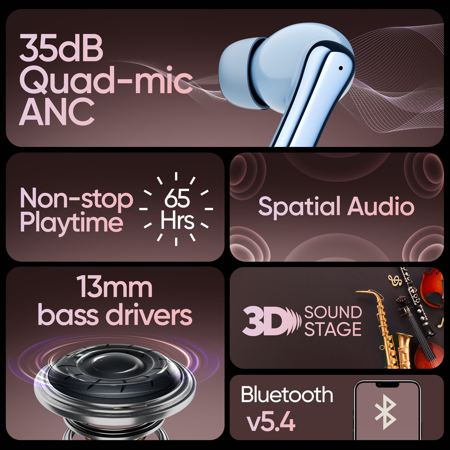 Image of Mivi SuperPods Claro TWS [New Launch], 35dB ANC, 3D Soundstage, Spatial Audio, BTv5.4 Bluetooth