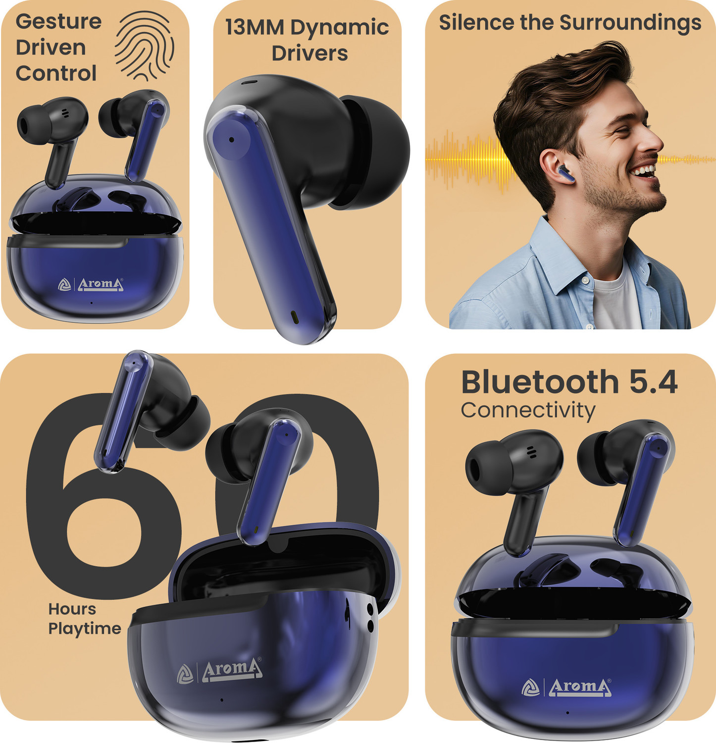 Image of Aroma TWS3 V5.4 Upto 60Hr Playtime*, ENC, Dual Paring, Fast Charging, Heavy Bass Bluetooth