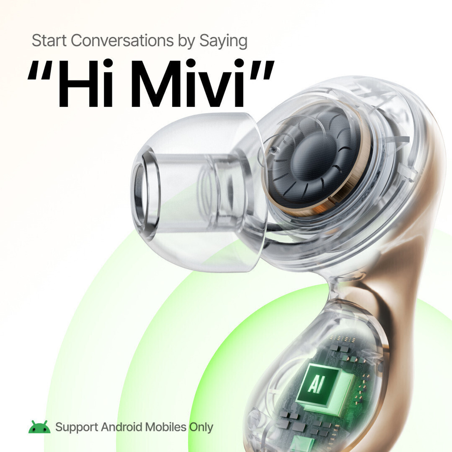 Image of Mivi AI-Buds (Breakthrough Launch), World's 1st Human-like AI, Android Only Bluetooth Headset (Bronze, In the Ear)