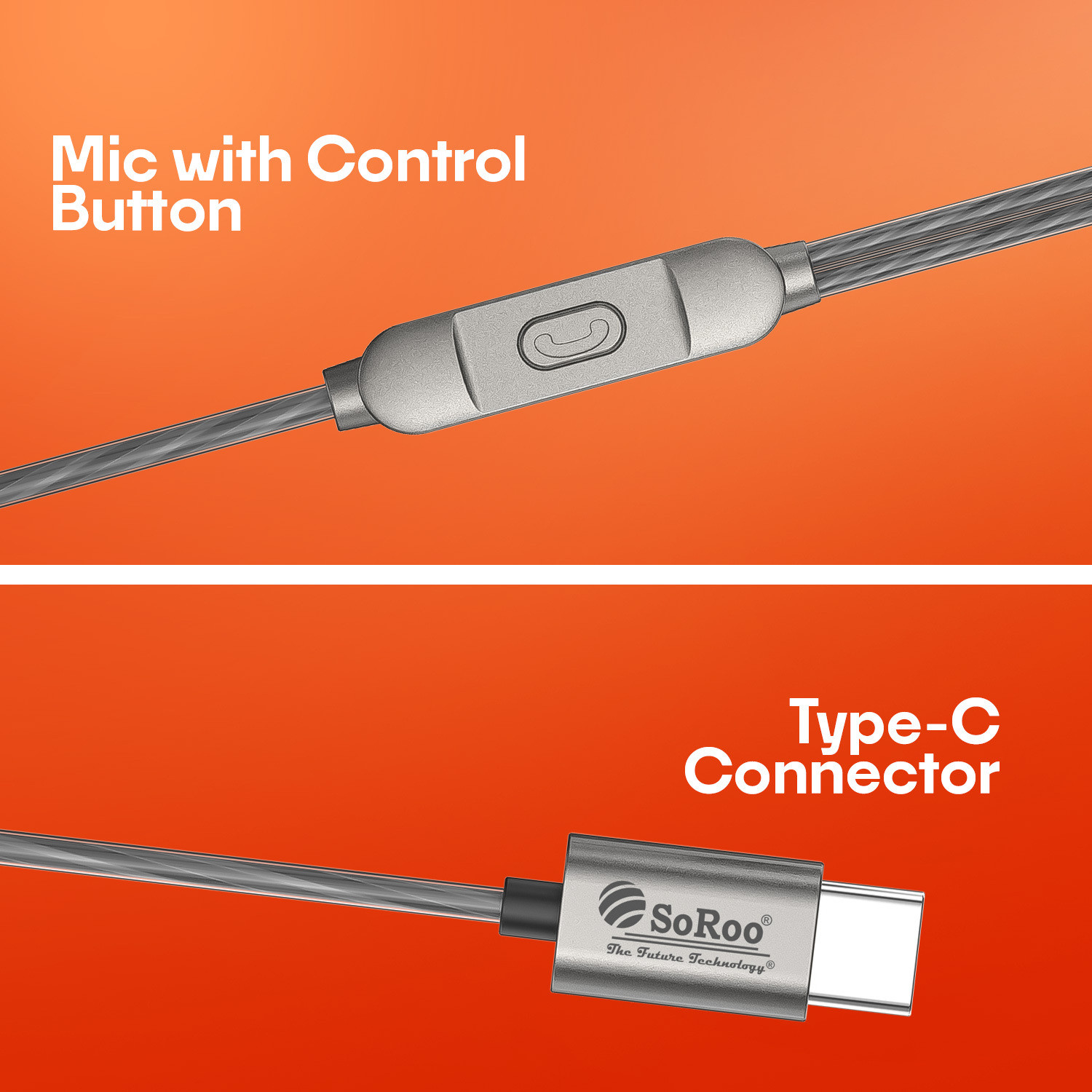Image of Soroo Future Type-C Wired Earphones with HD Sound & Bass, In-Line Mic & Tangle-Free Earbud Wired