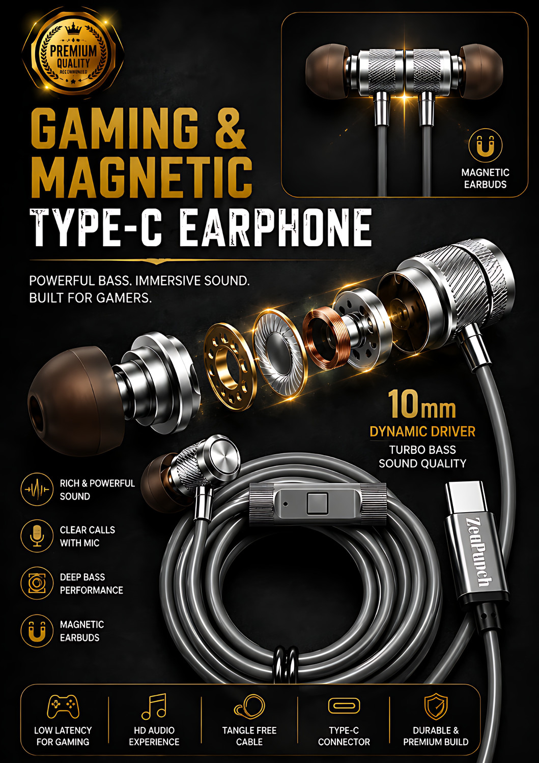 Image of ZedPunch Gaming Type-C Wired Magnetic Earphones With Mic & 1 Button Control USB-C Devices Wired Gaming