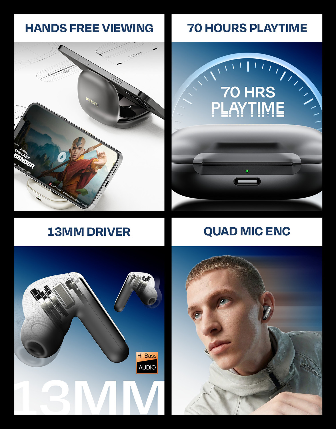 Image of Number GoTo Buds A1 70H Battery, Dual Pairing, 4 Mic ENC, Phone Stand, Low Latency,v6.0 Bluetooth