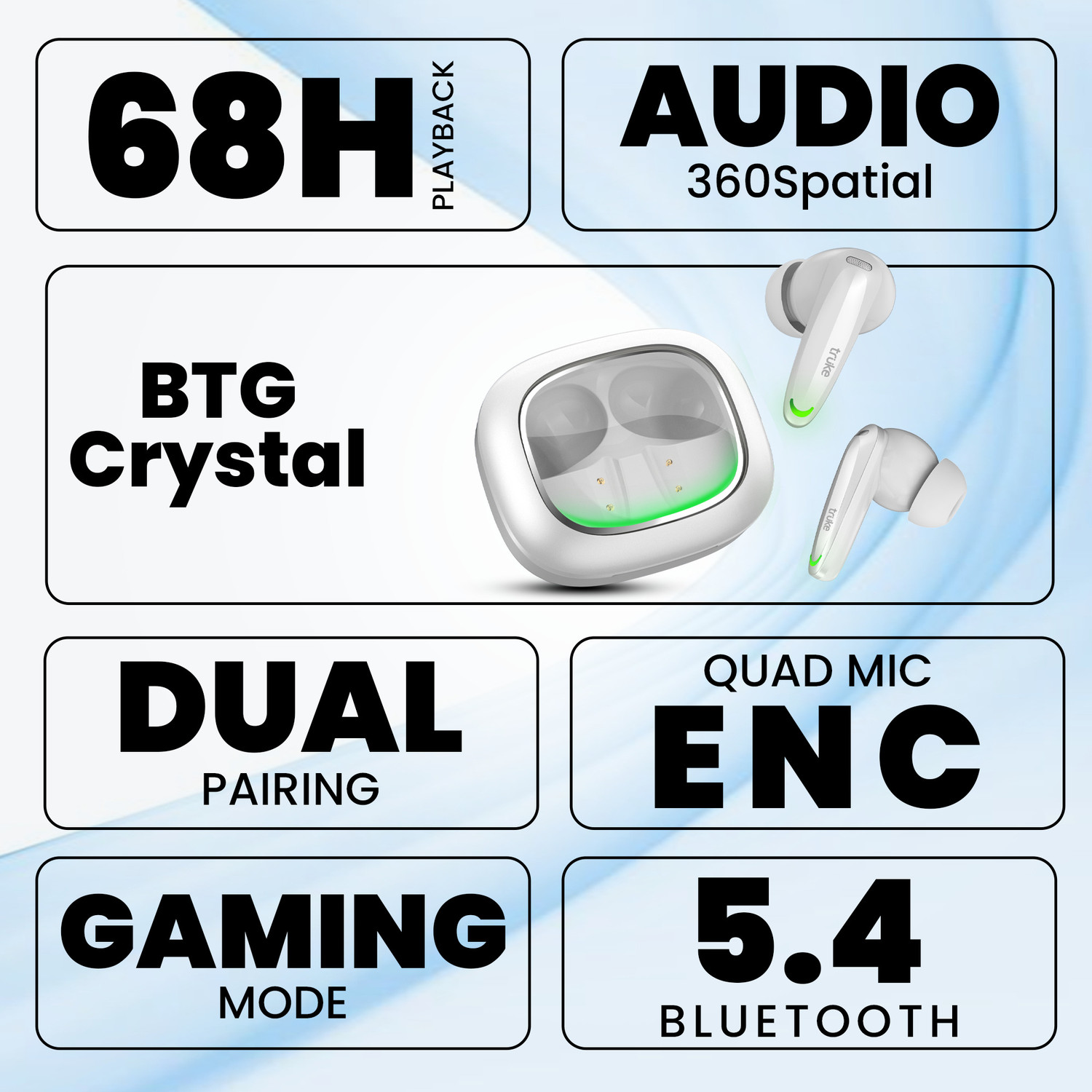 Image of truke BTG Crystal V2 buds w / 68H Battery, RGB LEDs, Game Mode, Dual Pairing, 4Mic ENC Bluetooth