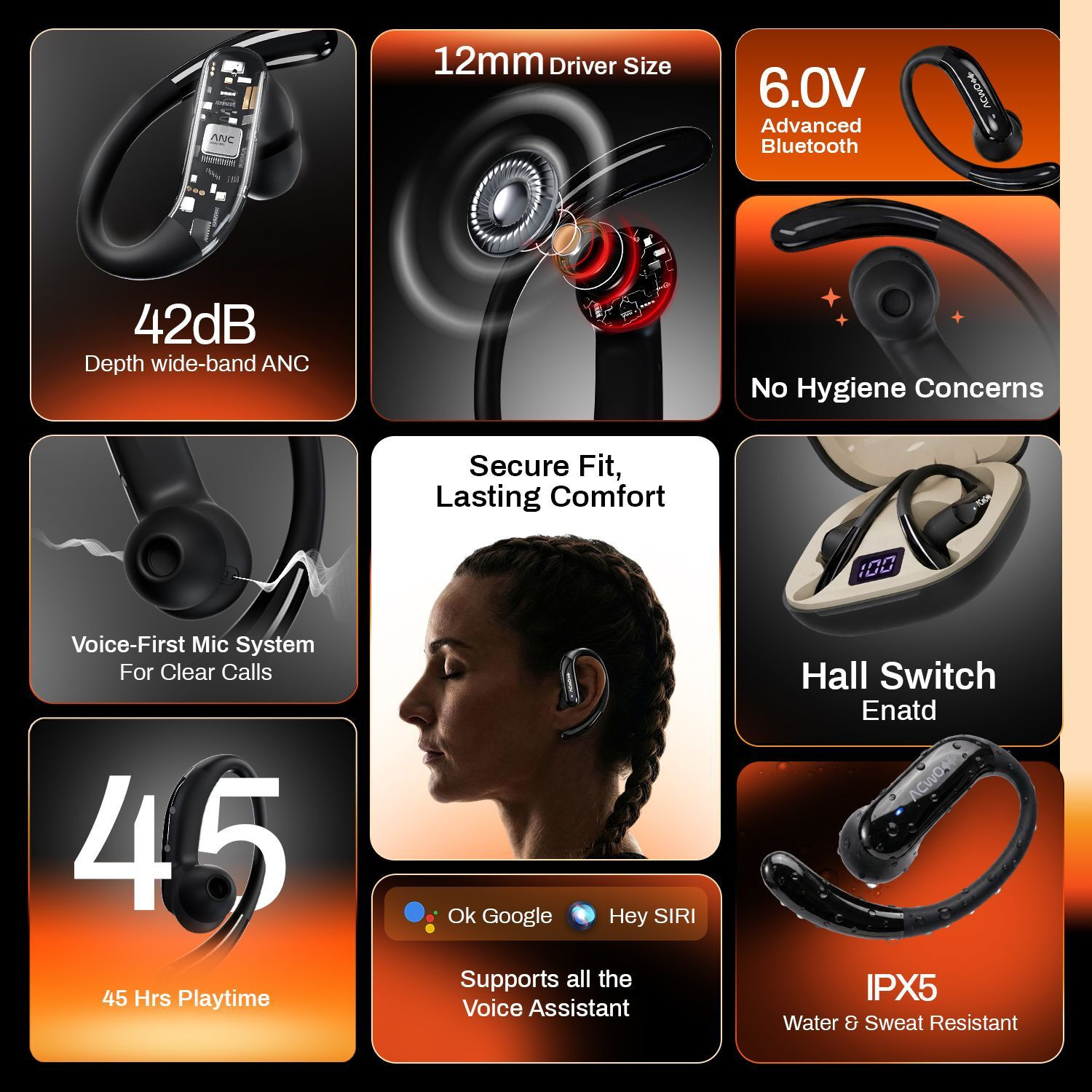 Image of ACwO DwOTS Sense Pro Open Ear Earbuds, ANC 42dB, 45H Playtime, Dual Pairing, Bt v6.0 Bluetooth