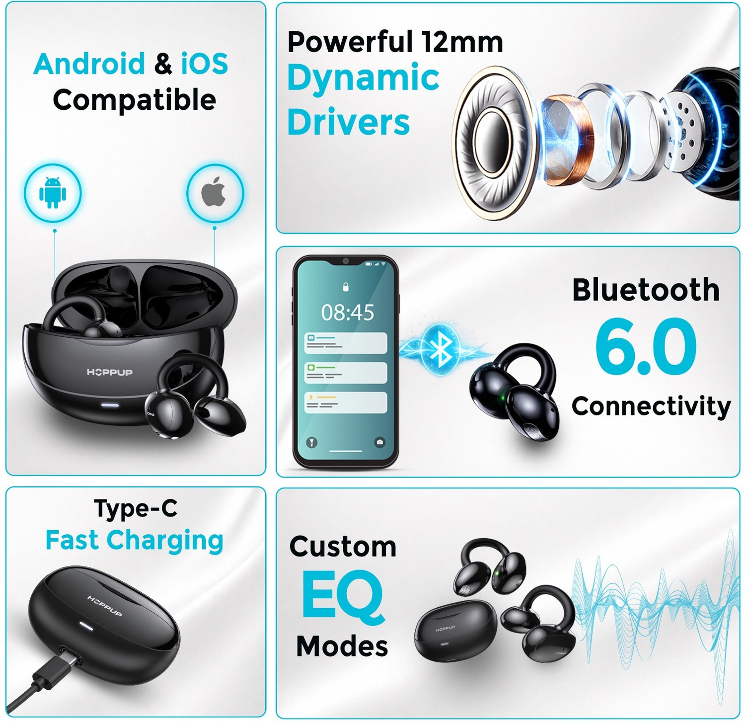 Image of HOPPUP NEURA Smart OWS Earclip Earbuds with Heart Rate, SpO2,50H, App Support Bluetooth