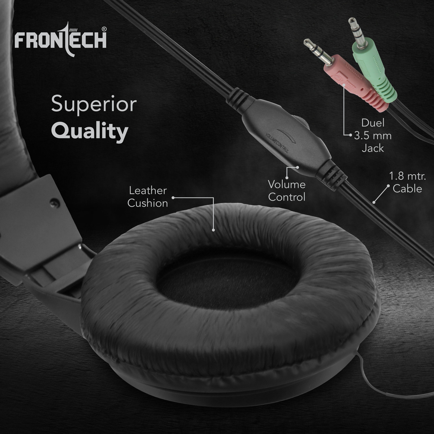 Image of Frontech HF-3442 Multimedia Headphone with Mic|3.5 mm|Leather Cushion| Adjustable Mic Wired