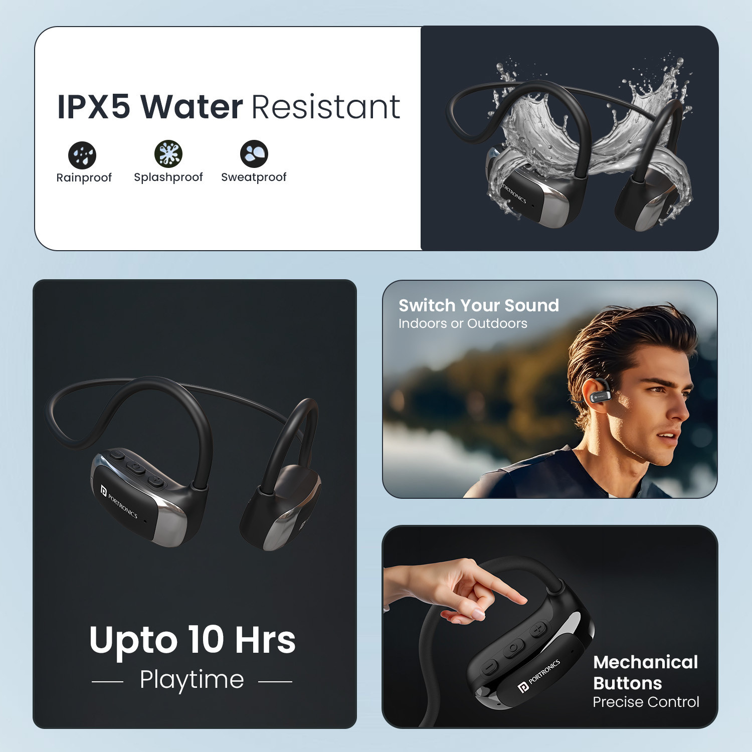 Image of Portronics AeroTune Over Ear OWS Bluetooth Neckband with HD Mic,Secure & Flexible Earhook Bluetooth