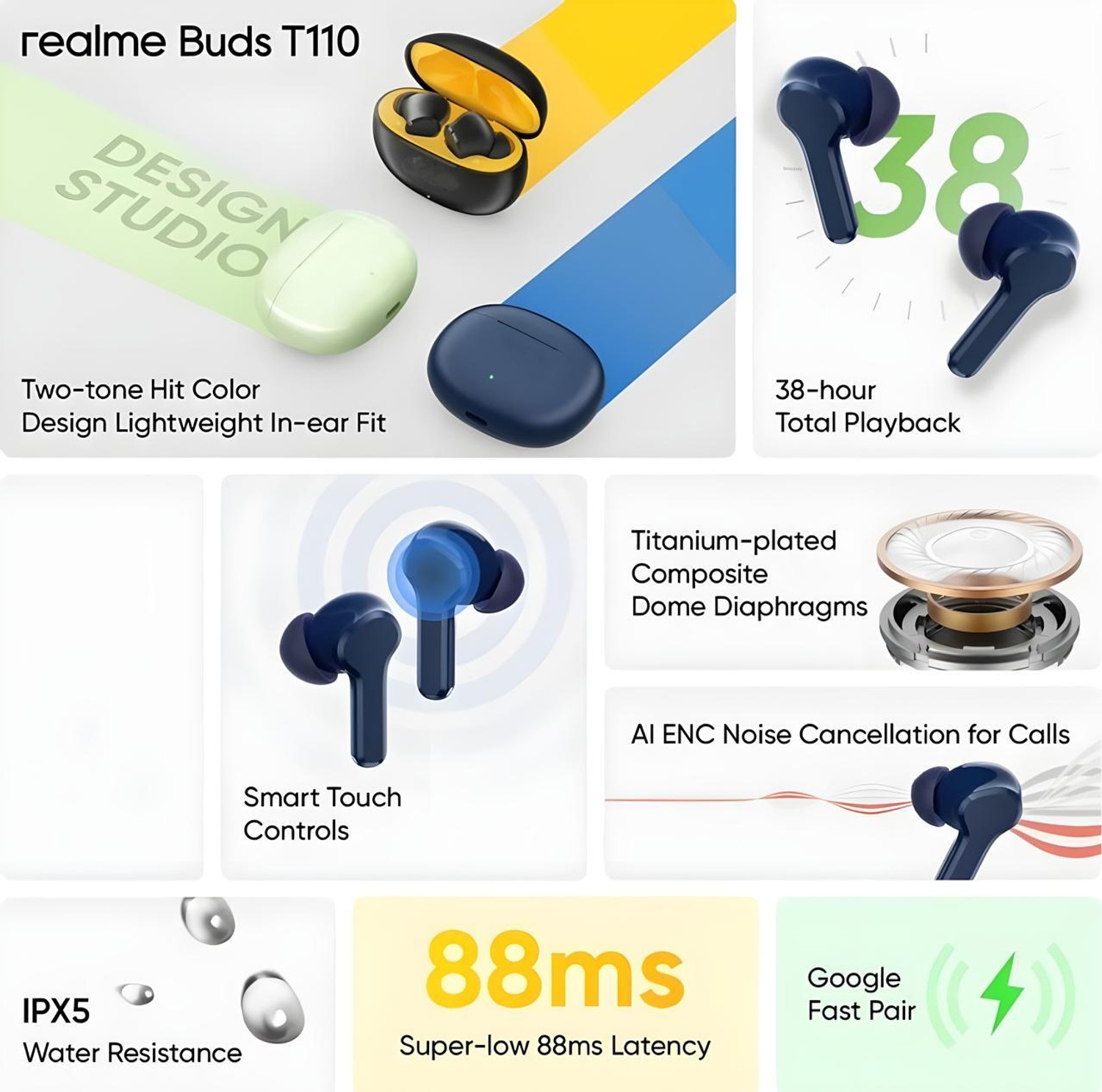 Image of DUJE BT-110 in The Ear Upto 38 Hours Playtime,with AI ENC for calls&Deep Bass-70 Bluetooth