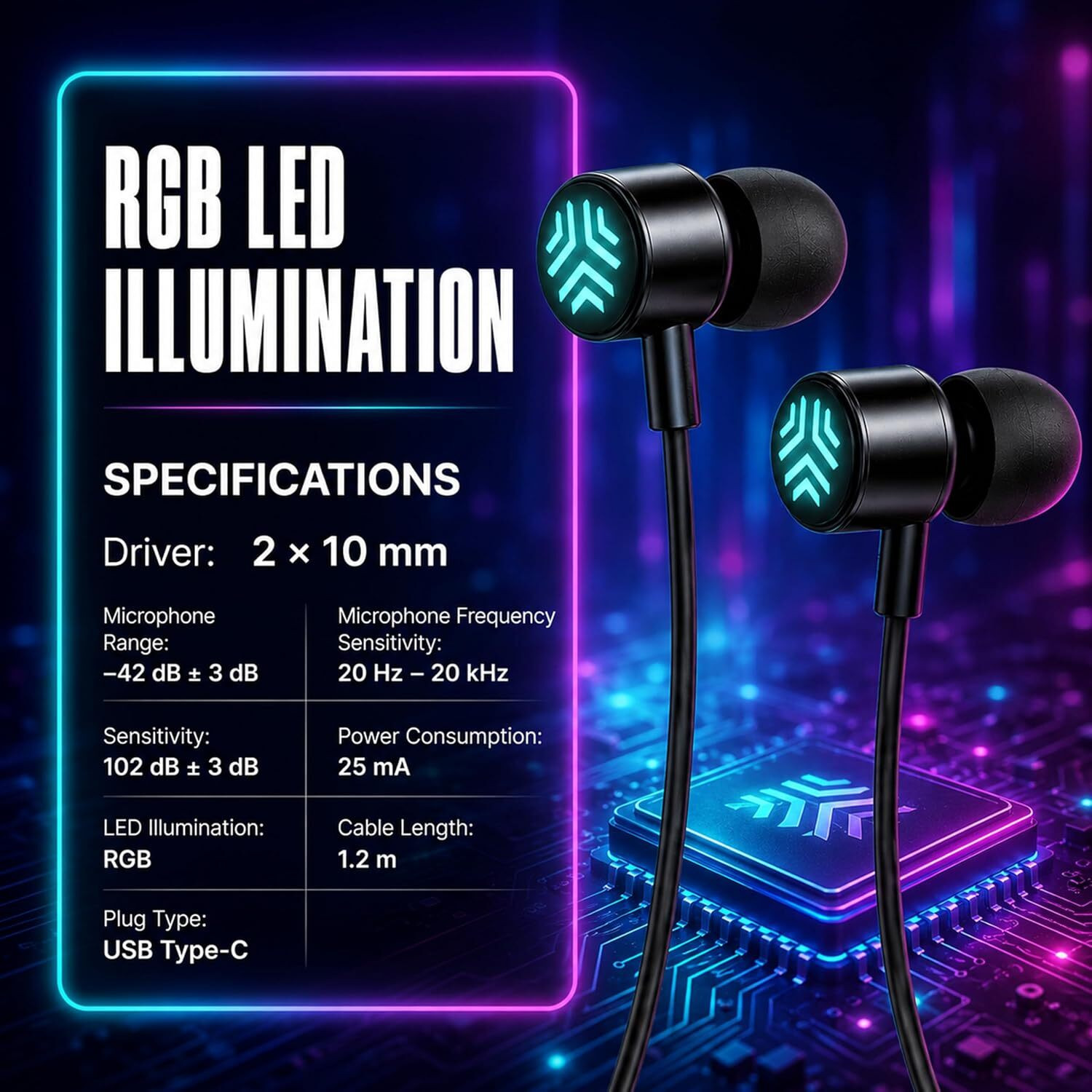 Image of Ant Esports Stealth 05 USB-C Wired Earphones with Mic, Dual 10mm Drivers, RGB, Black Wired