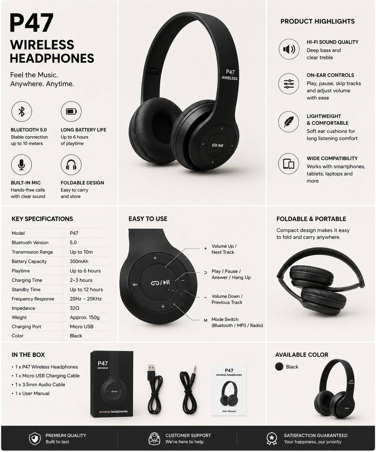 KAYCEEE P47 Wireless Headphones Black - Image 4