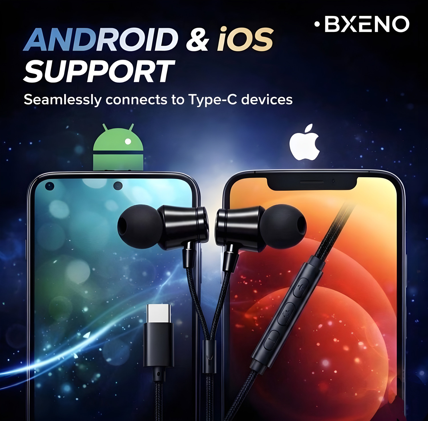 Image of Bxeno Type C Wired Earphones with Mic For Sam-sung Galaxy S24 /S24 ULTRA /S24+[13] Wired Headset (Black, In the Ear)