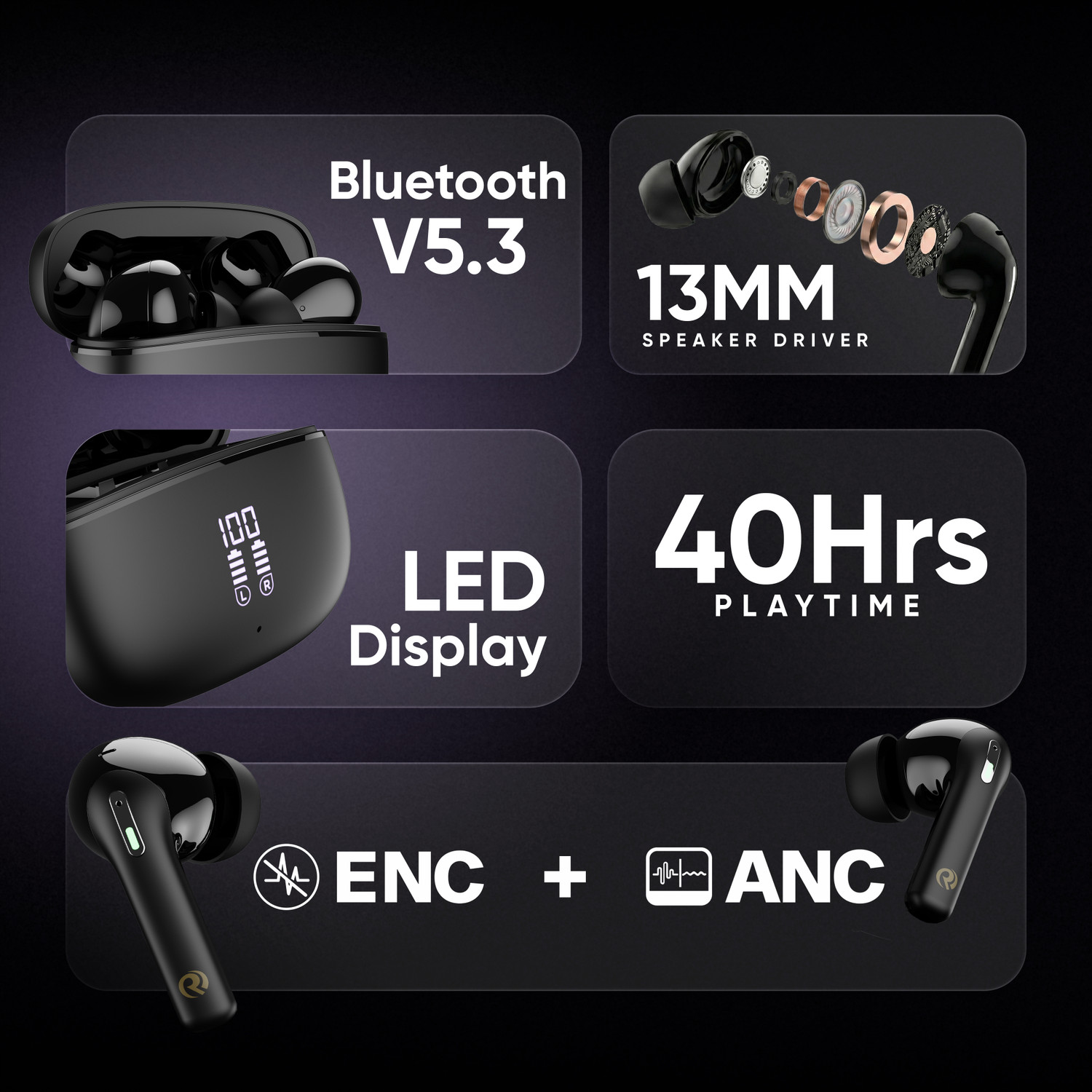 Image of Robotek Airmute True Wireless Earbuds, 40H Playtime, ANC + ENC Inbuild Bluetooth