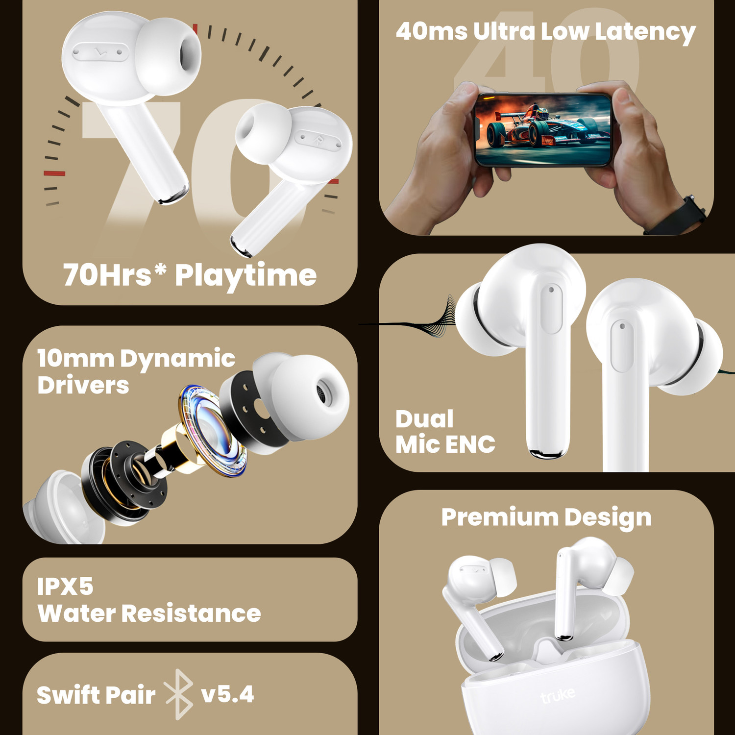 Image of truke Buds Elite V2 TWS w / 70Hrs*,10mm Driver, Quad Mic ENC, Gaming Mode, Fast Charge Bluetooth