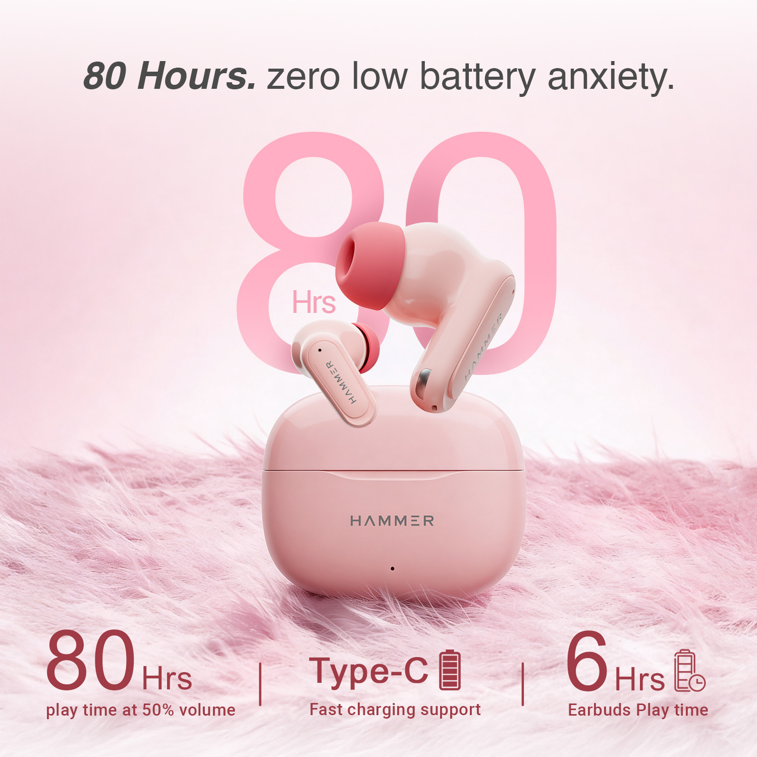 Image of Hammer Airflow Neo Bubblegum Earbuds with 80H Playtime, 13mm Driver, 40ms Gaming Mode Bluetooth