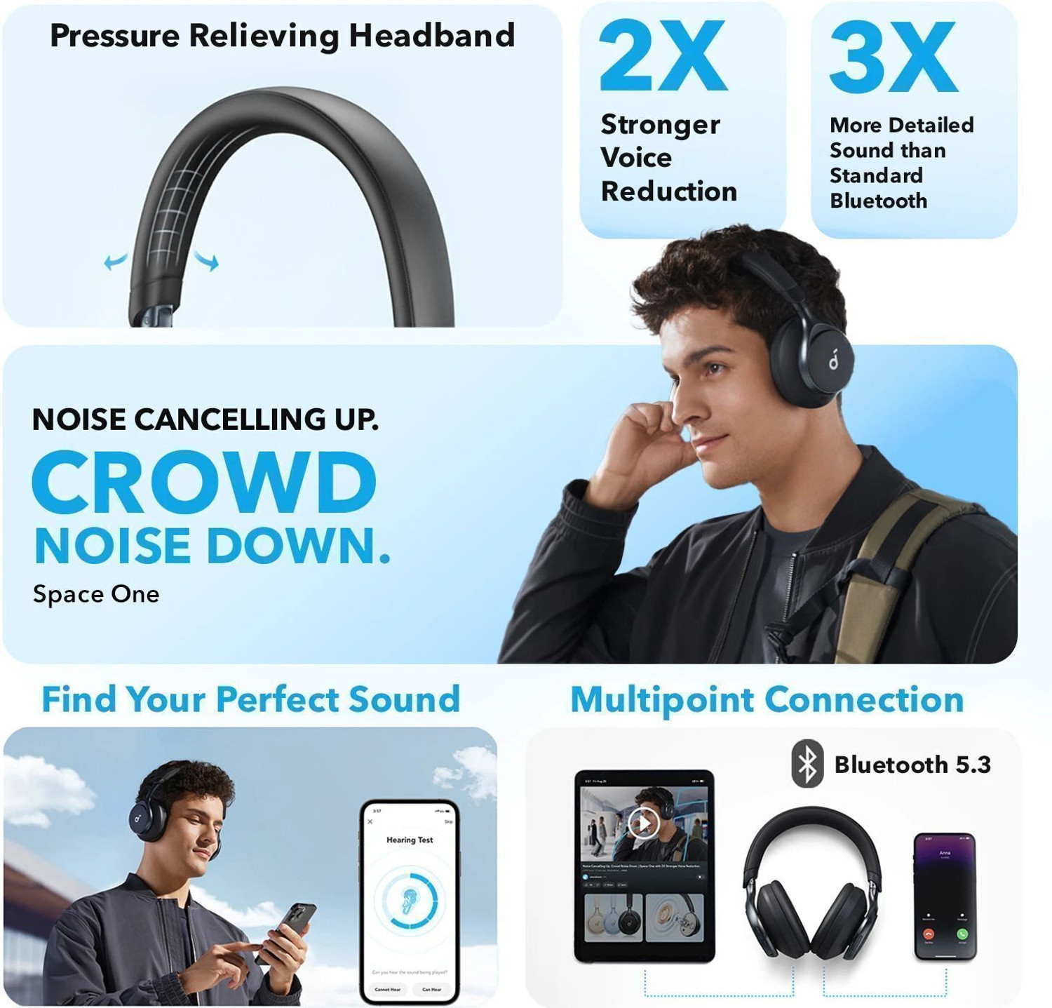 Image of Soundcore by Anker Space One, 40H ANC Playtime, LDAC Hi-Res, Foldable design, Ergo Design Bluetooth
