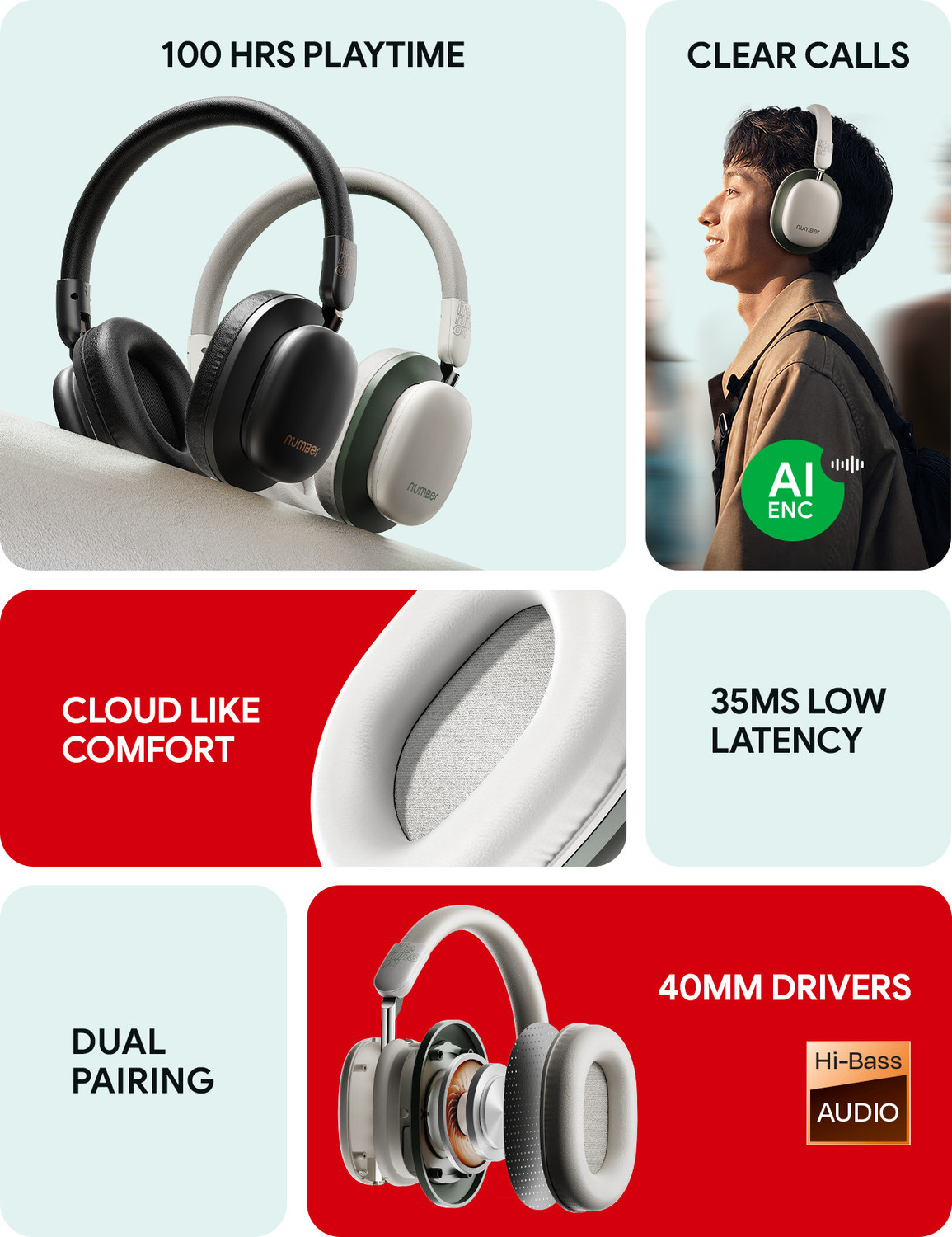 Image of Number Headit Pro 100H Battery, Dual Pairing, 40mm Hi-Bass Drivers, AI ENC, 35ms Gaming Bluetooth & Wired