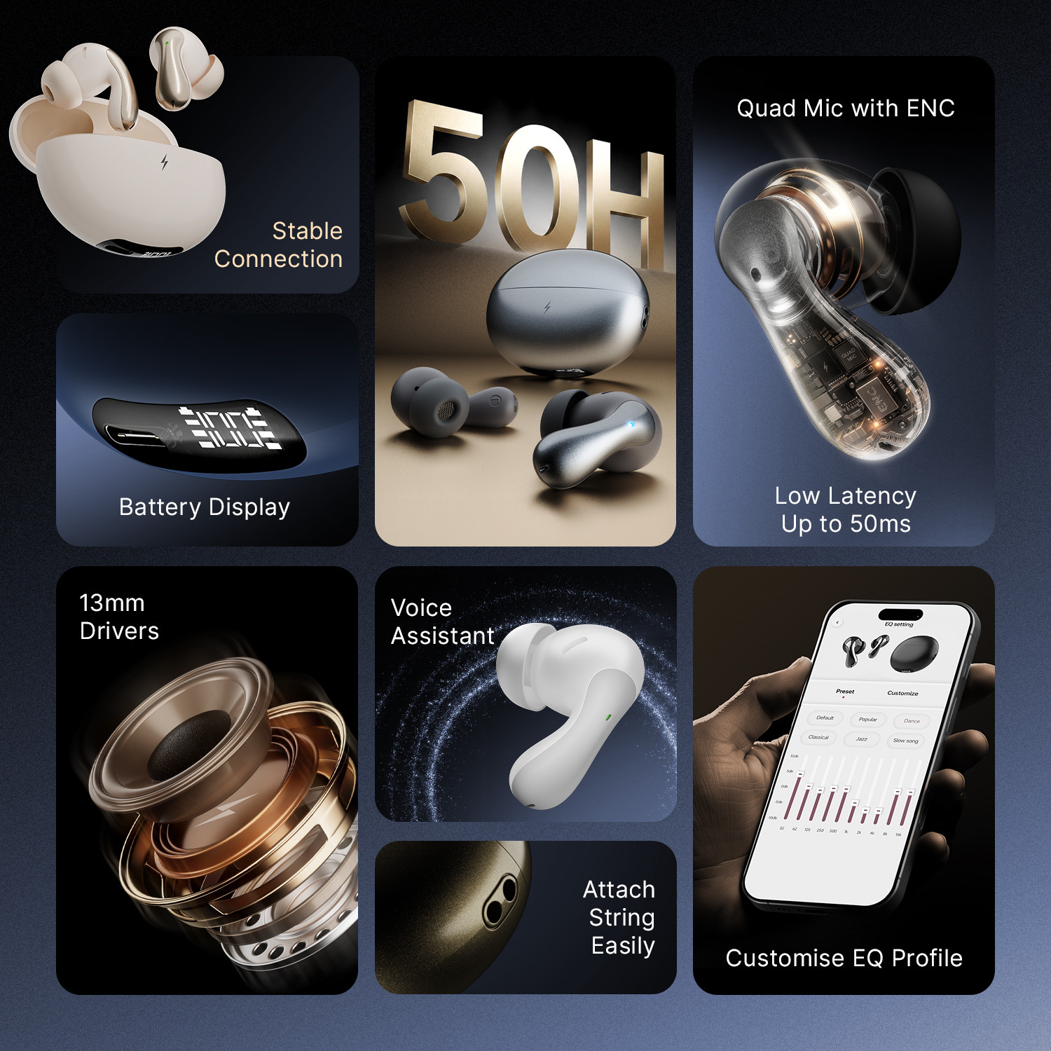 Image of Fire-Boltt Aero Drift TWS Earbuds, Custom EQ Profiles 50H Battery Display Case Quad Mic ENC Bluetooth