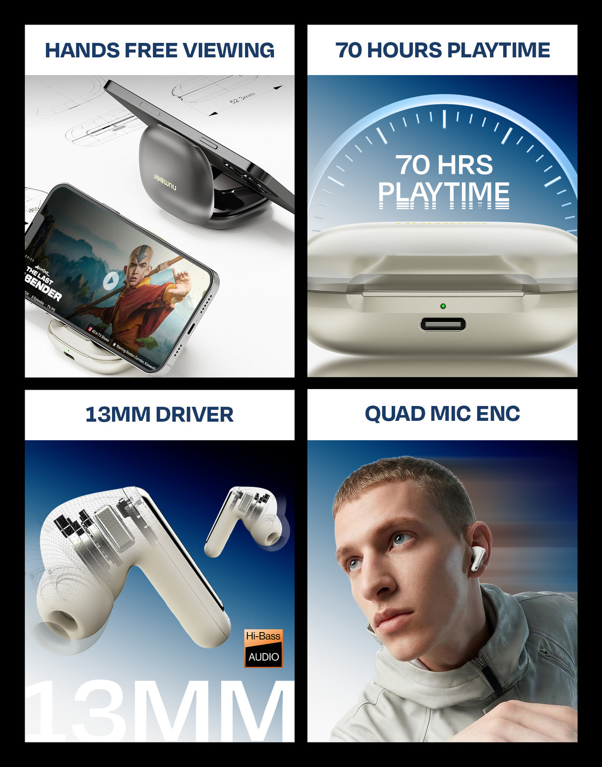Image of Number GoTo Buds A1 70H Battery, Dual Pairing, 4 Mic ENC, Phone Stand, Low Latency,v6.0 Bluetooth