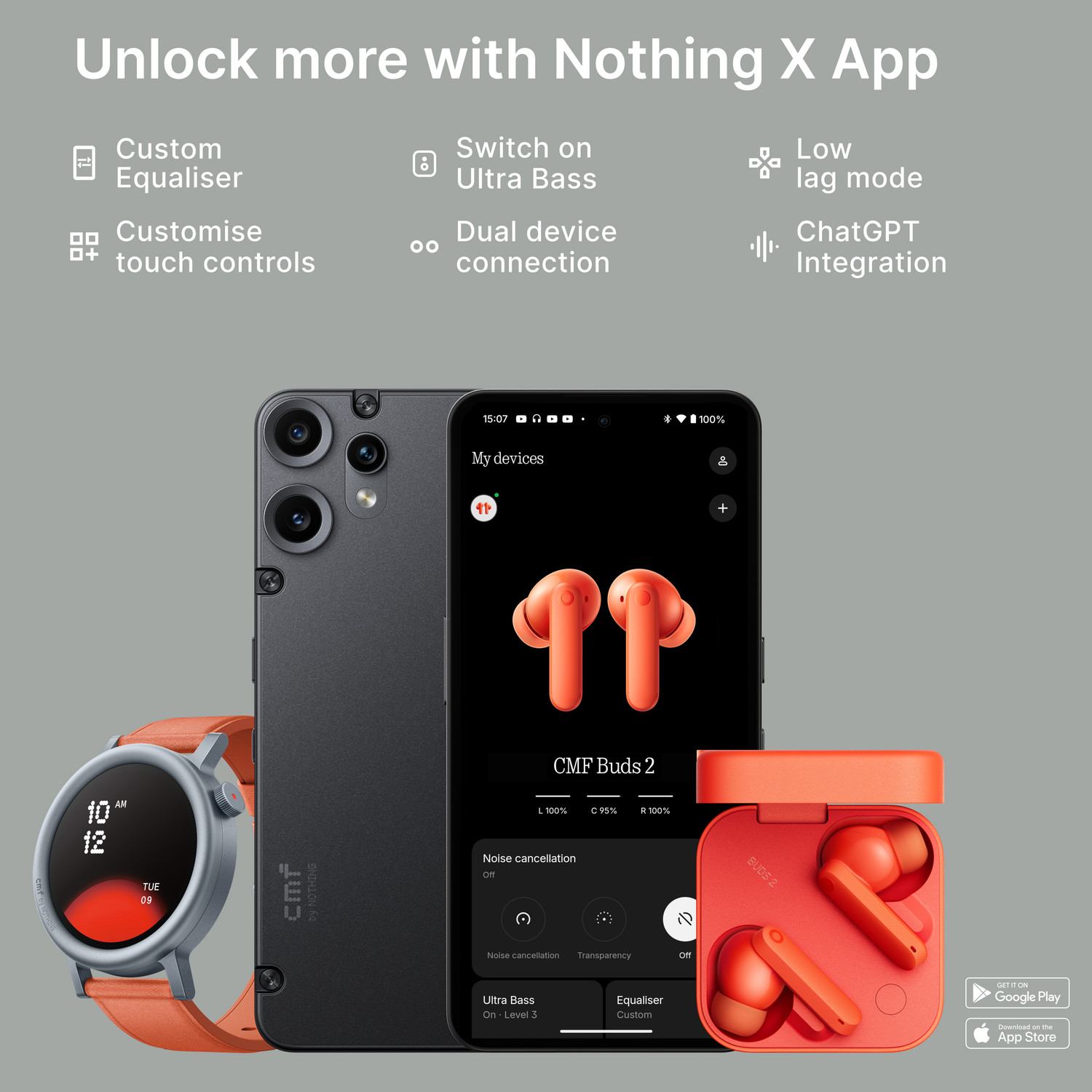 Image of CMF by Nothing Buds 2 48 dB Hybrid ANC, Ultra Bass Technology 2.0, 55 Hrs playtime Bluetooth Headset (Orange, In the Ear)