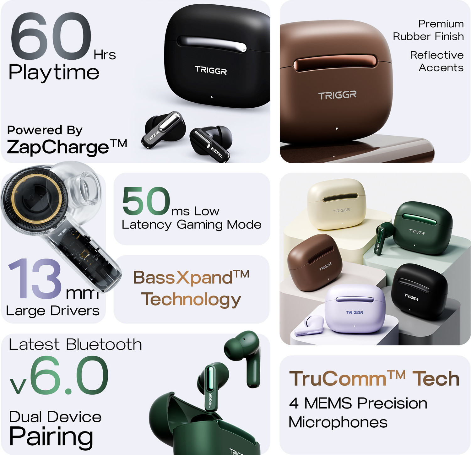 Image of TRIGGR Arcus One 60H Battery, 4 Mic ENC, Dual Pairing, Rubber Grip, 13mm Drivers, v6.0 Bluetooth