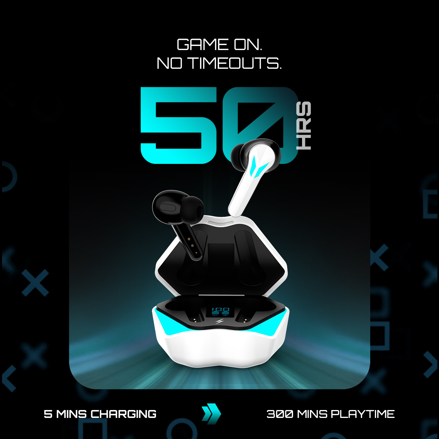 Image of Fire-Boltt Aero Shadow TWS Earbuds, RGB Lights Custom EQ Profile 50H Playtime Quad Mic ENC Bluetooth