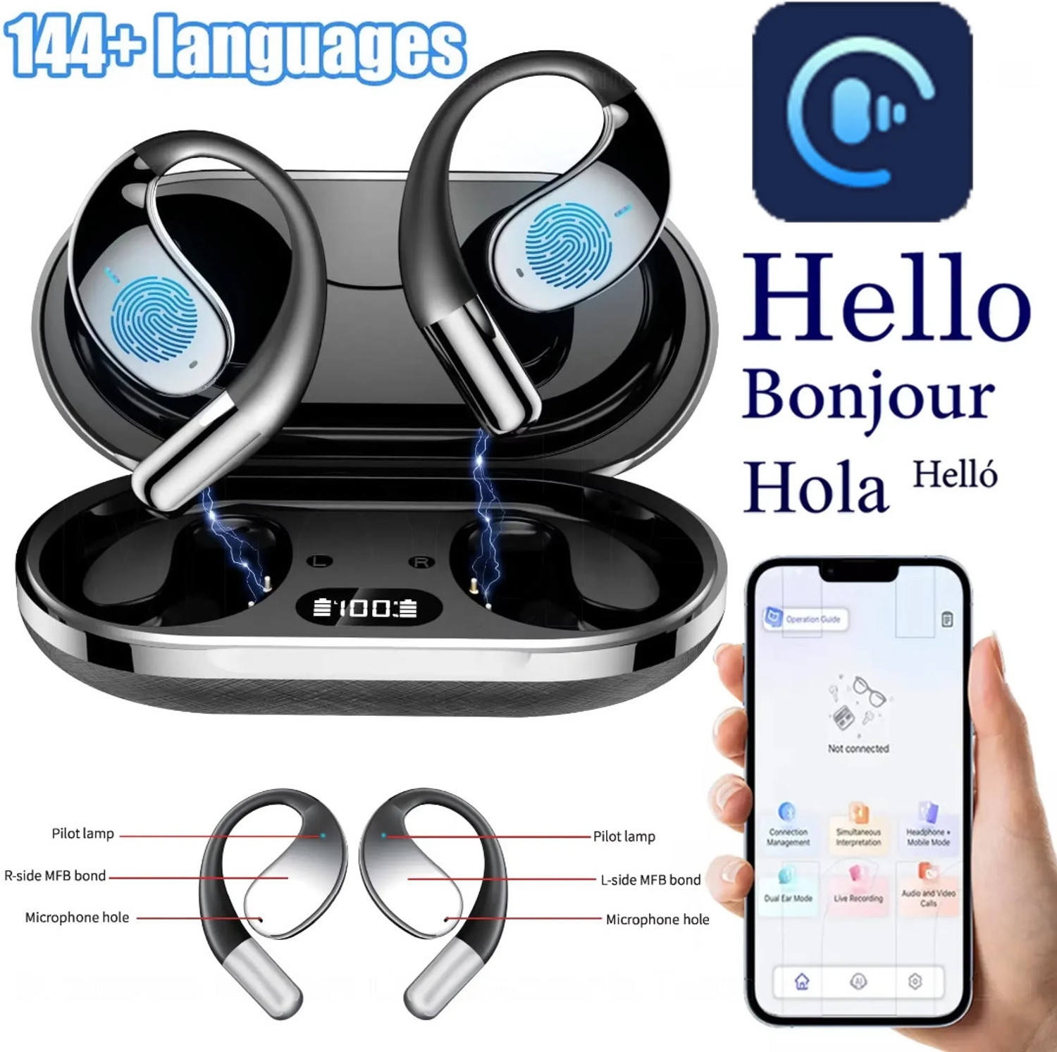 Image of SHAILRON AI Translation Earbuds Real Time, 144 Language Translator Earbuds with APP Bluetooth