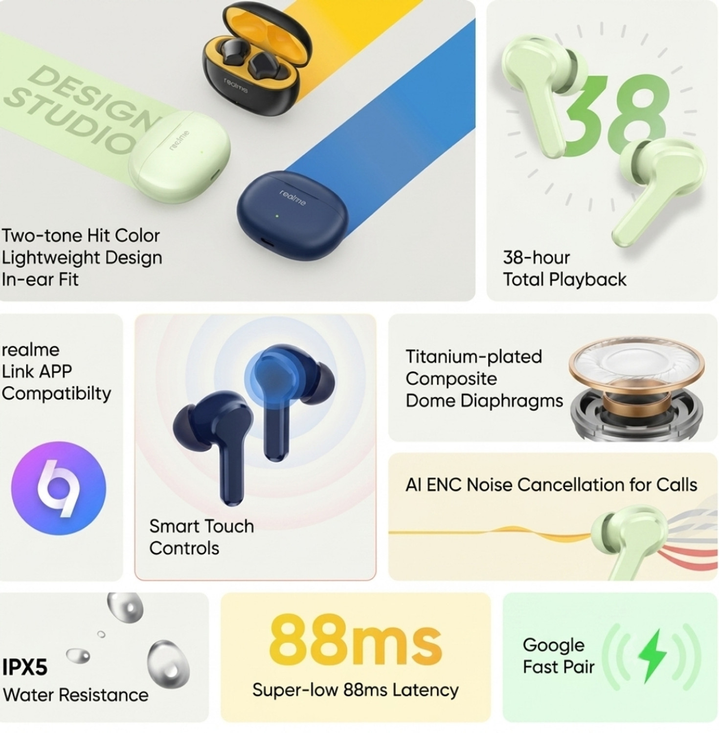 Image of Realme Brand Realme Buds T110 Bluetooth Headset (Black, Yellow, In the Ear)