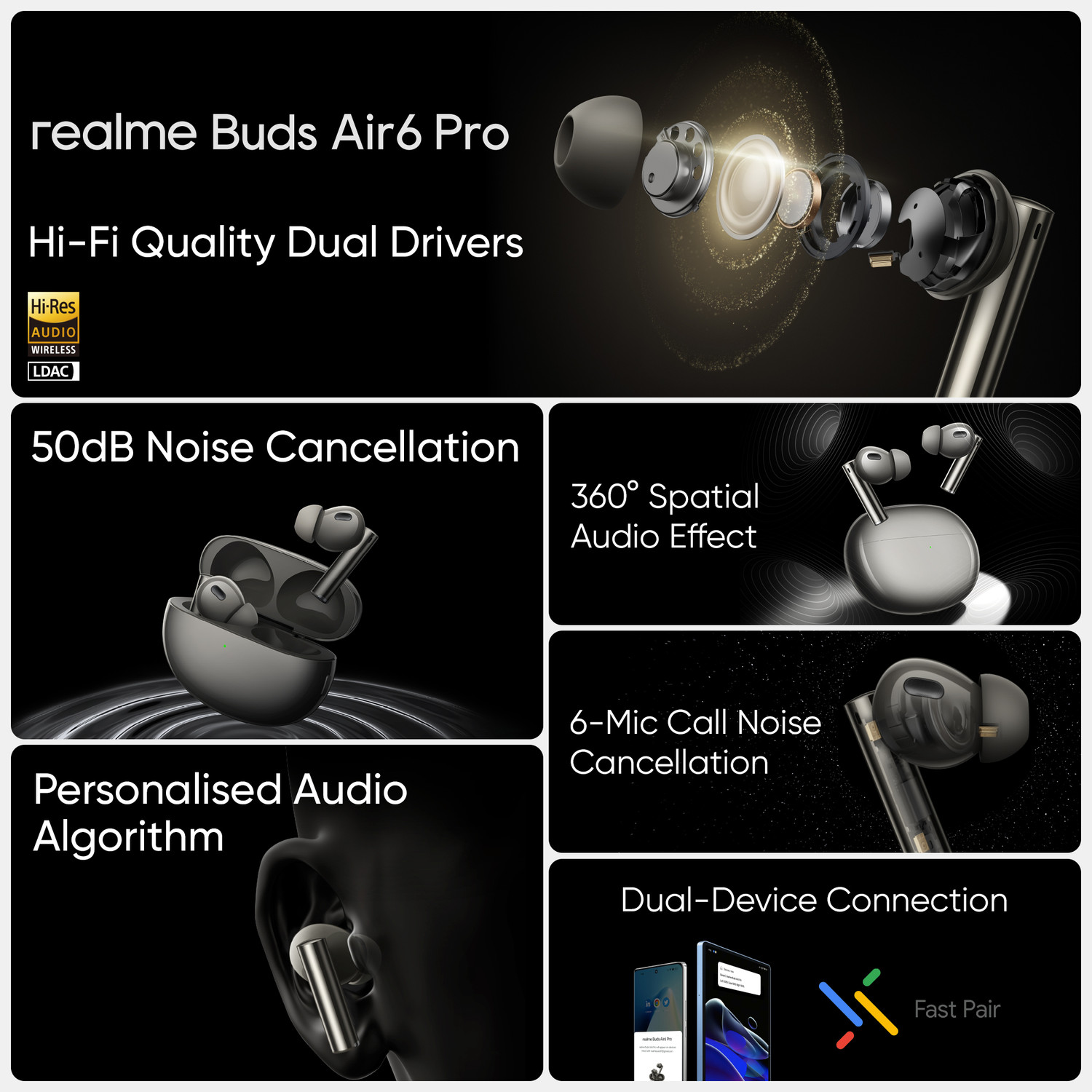 Image of realme Buds Air 6 Pro with 50dB ANC, 360 Spatial Audio and upto 40 hours Playback Bluetooth