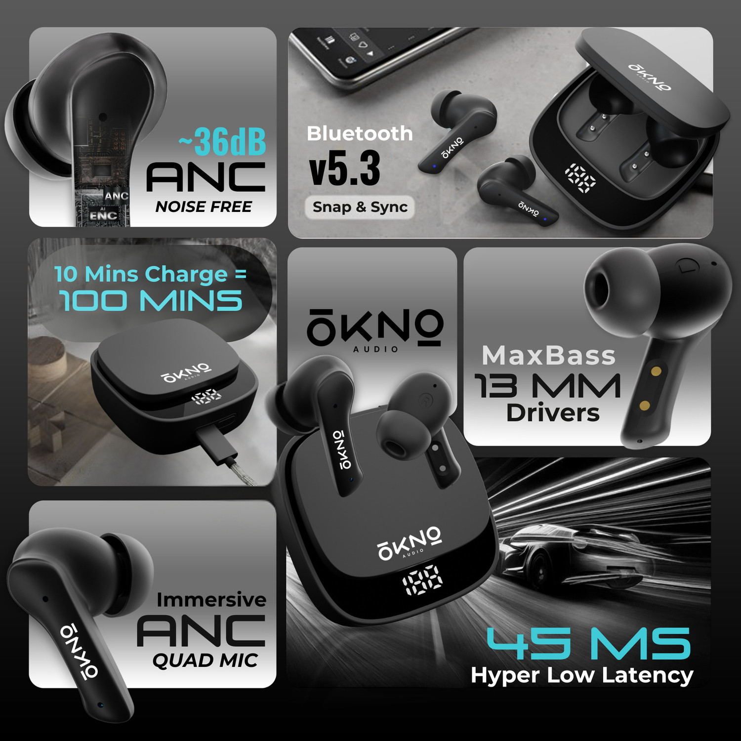 Image of OKNO XY16 Airbuds AI ENC ANC Active Noise Cancellation (~36dB), Deep Bass, IPX5 5.3V Bluetooth Gaming