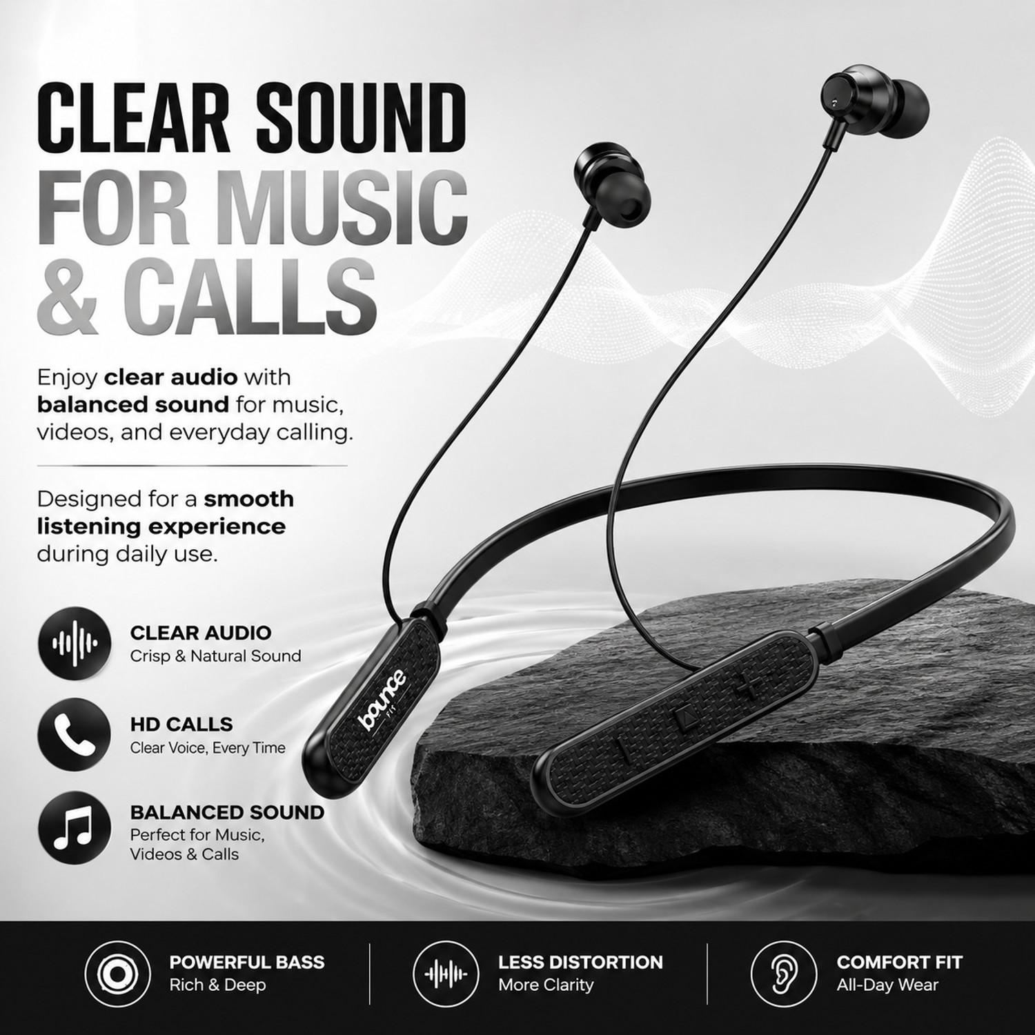 Image of Bouncefit Deep Bass Neckband, 35H Battery, Fast Charge, IPX7, Low Latency, With Mic Bluetooth