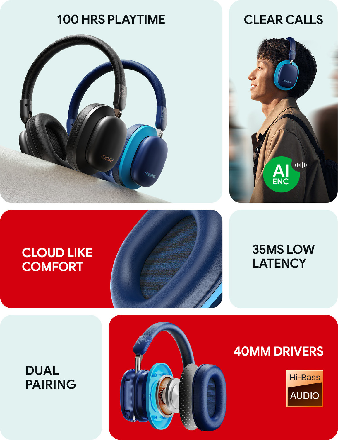 Image of Number Headit Pro 100H Battery, Dual Pairing, 40mm Hi-Bass Drivers, AI ENC, 35ms Gaming Bluetooth