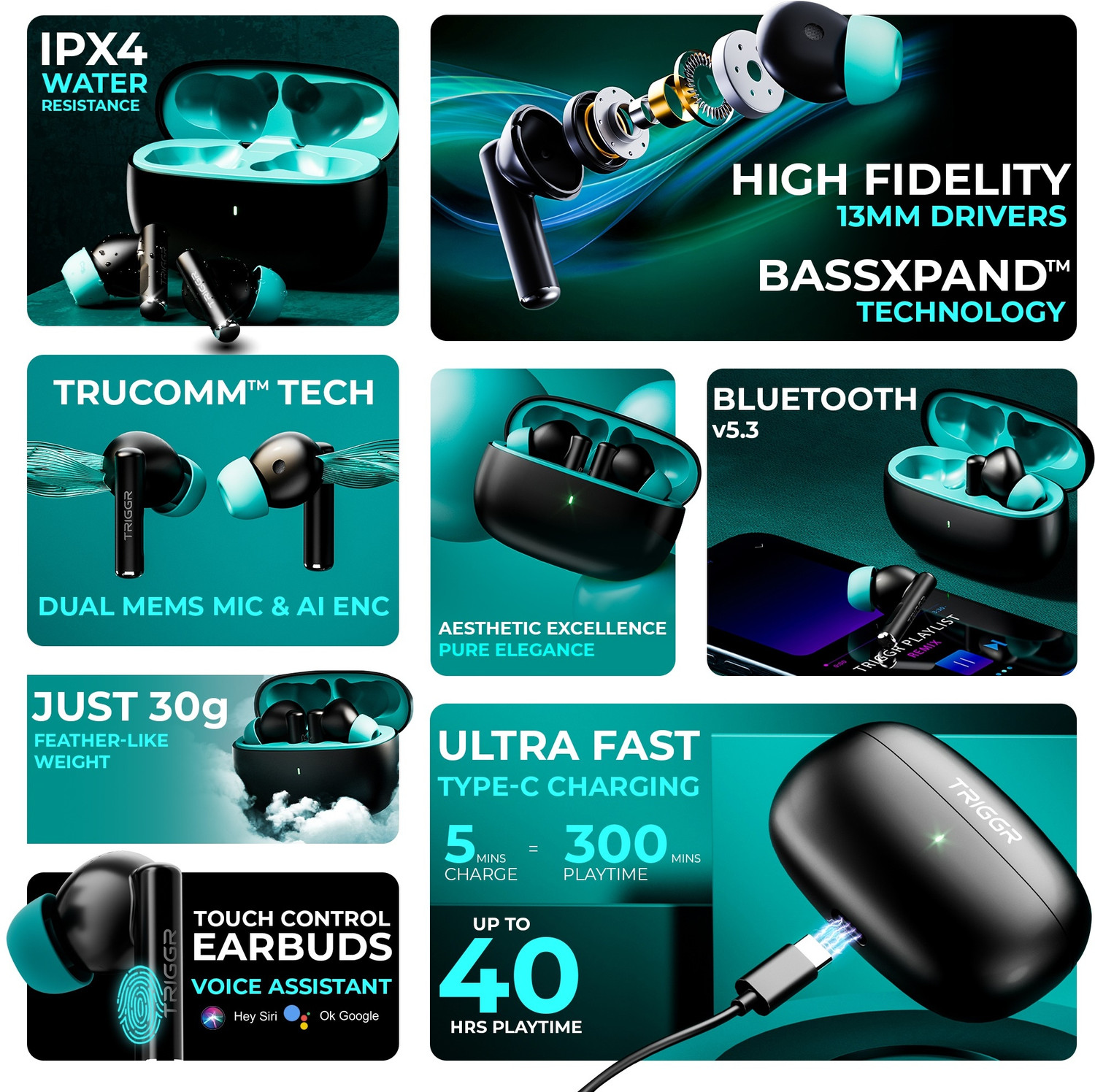 Image of TRIGGR Ultrabuds N1 Neo with ENC, 40Hr Playback, 13mm Drivers, Rich Bass, Fast Charging Bluetooth