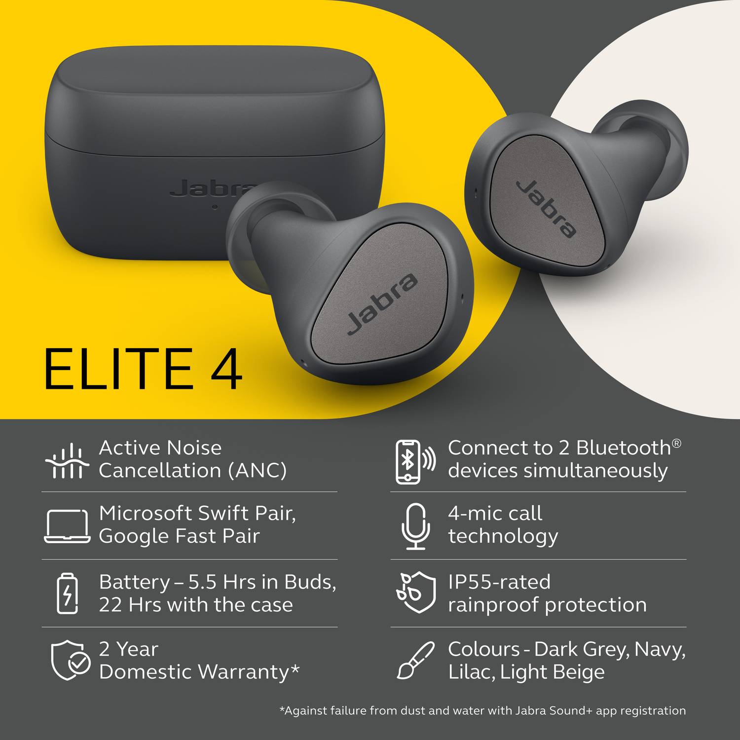 JABRA Elite 4 with Active Noise Cancellation, Multipoint, 4-mic